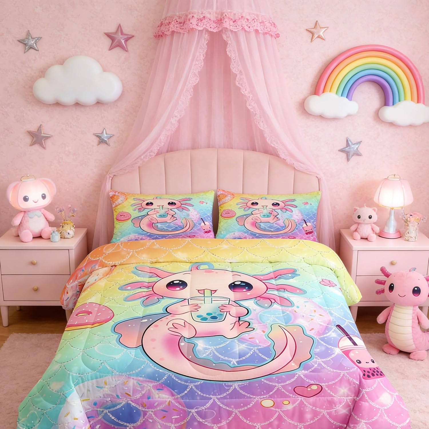 Feelyou Kids Rainbow Cute Axolotl Comforter Set,Ocean Theme Axolotl Bedding Set Full Size,Boys Girls Room Decor,Cartoon Salamander Comforter,Kawaii Axolotl Bed Set