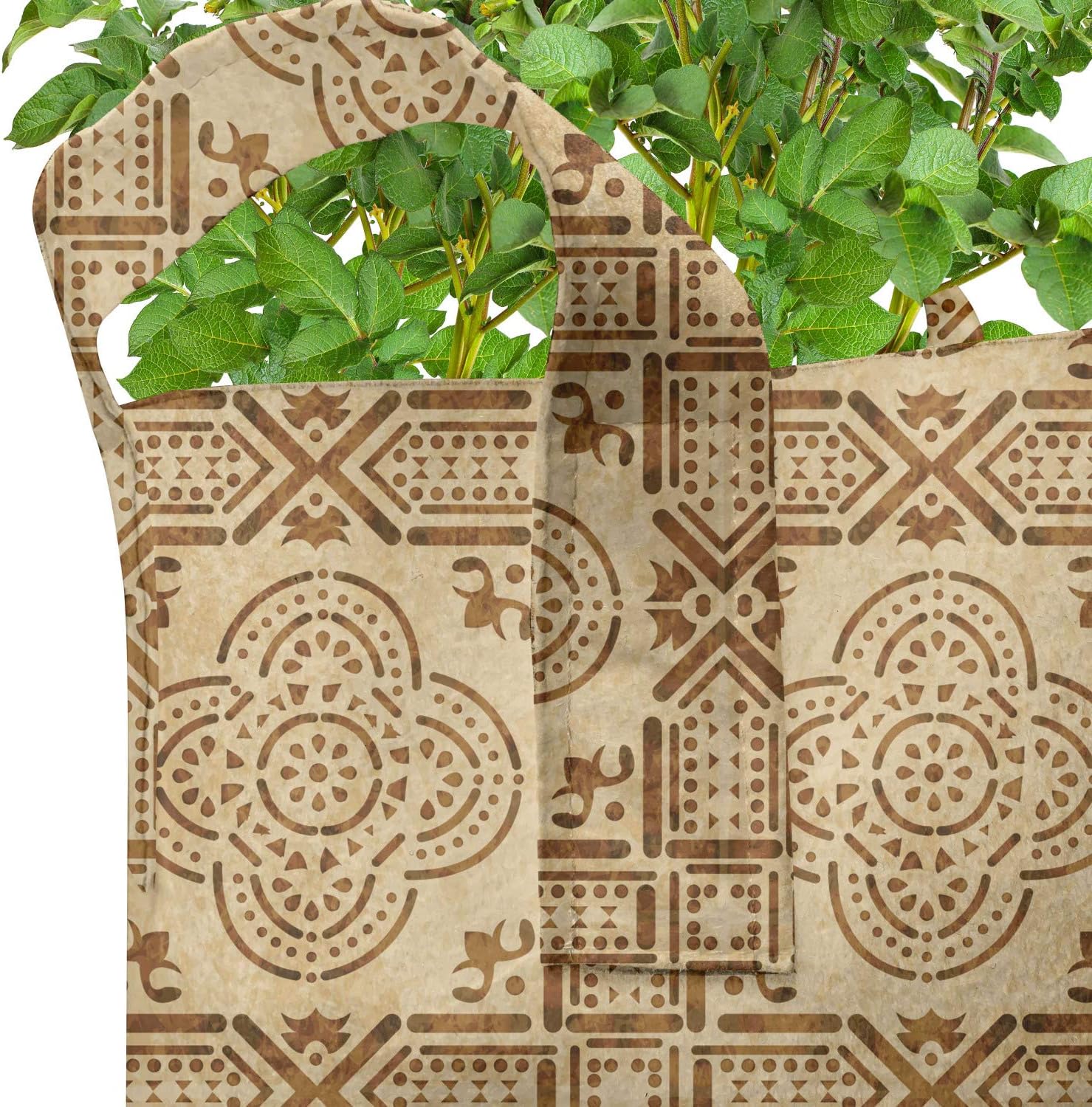 Ambesonne Oriental Grow Bags 5-Pack, Moroccan Quatrefoil, Heavyduty Fabric Pots with Handles for Plants, 5 Gallon, Caramel and Beige