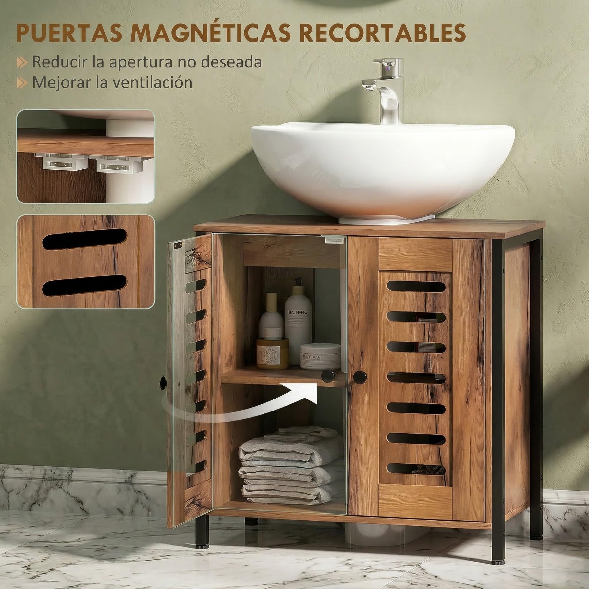 HOMCOM Mueble Bajo Lavabo Industrial con 2 Puertas de Lamas y Cierre Magnético, Estante Regulable, para Lavabos sin Pedestal, Mueble de Baño 60x30x60 cm Marrón Rústico