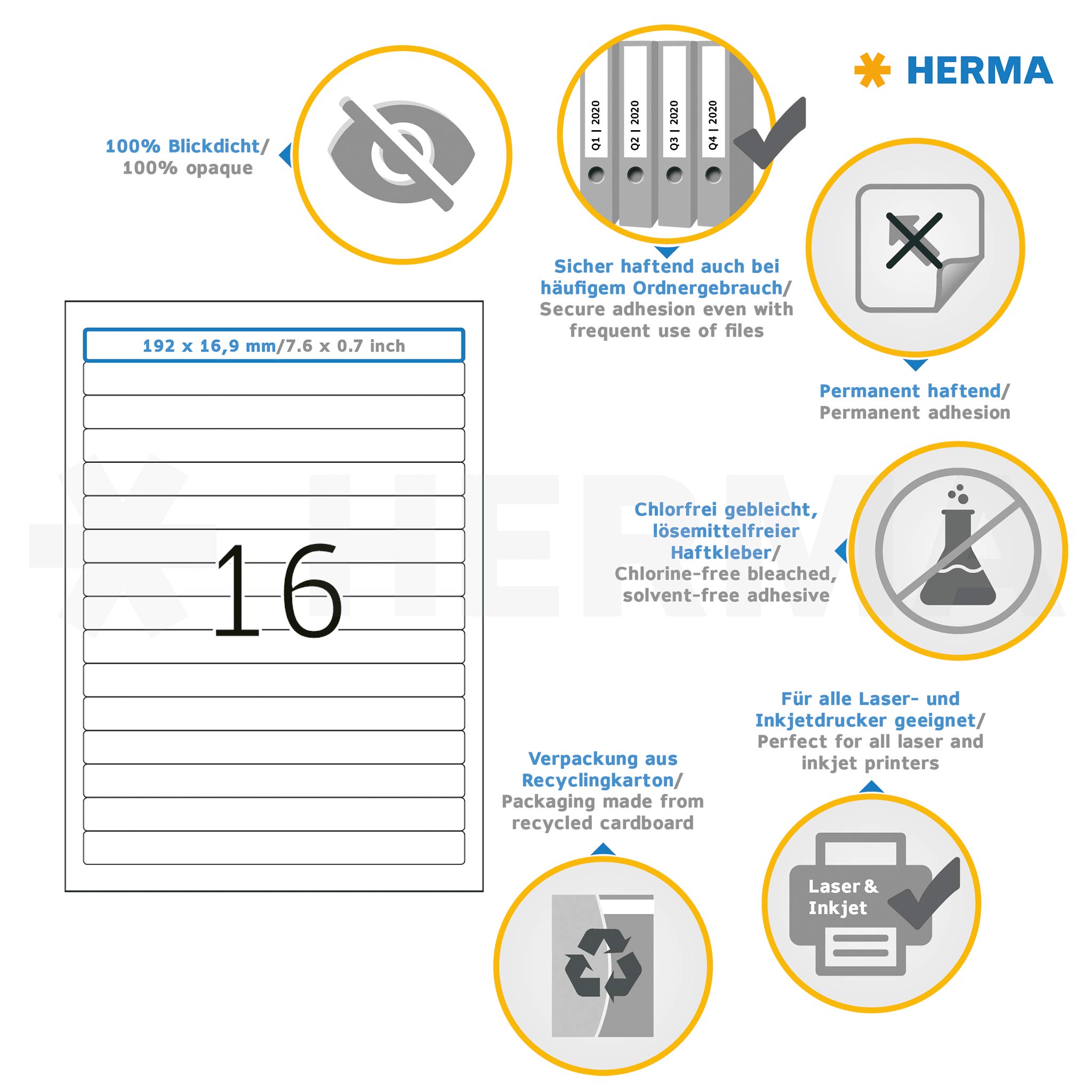 HERMA 5118 Ordnerrücken Etiketten kurz, 800 Blatt, 192 x 16,9 mm, 16 pro A4 Bogen, 12800 Stück, selbstklebend, bedruckbar, blickdicht, blanko Papier Ordneretiketten Rückenschilder Aufkleber, weiß