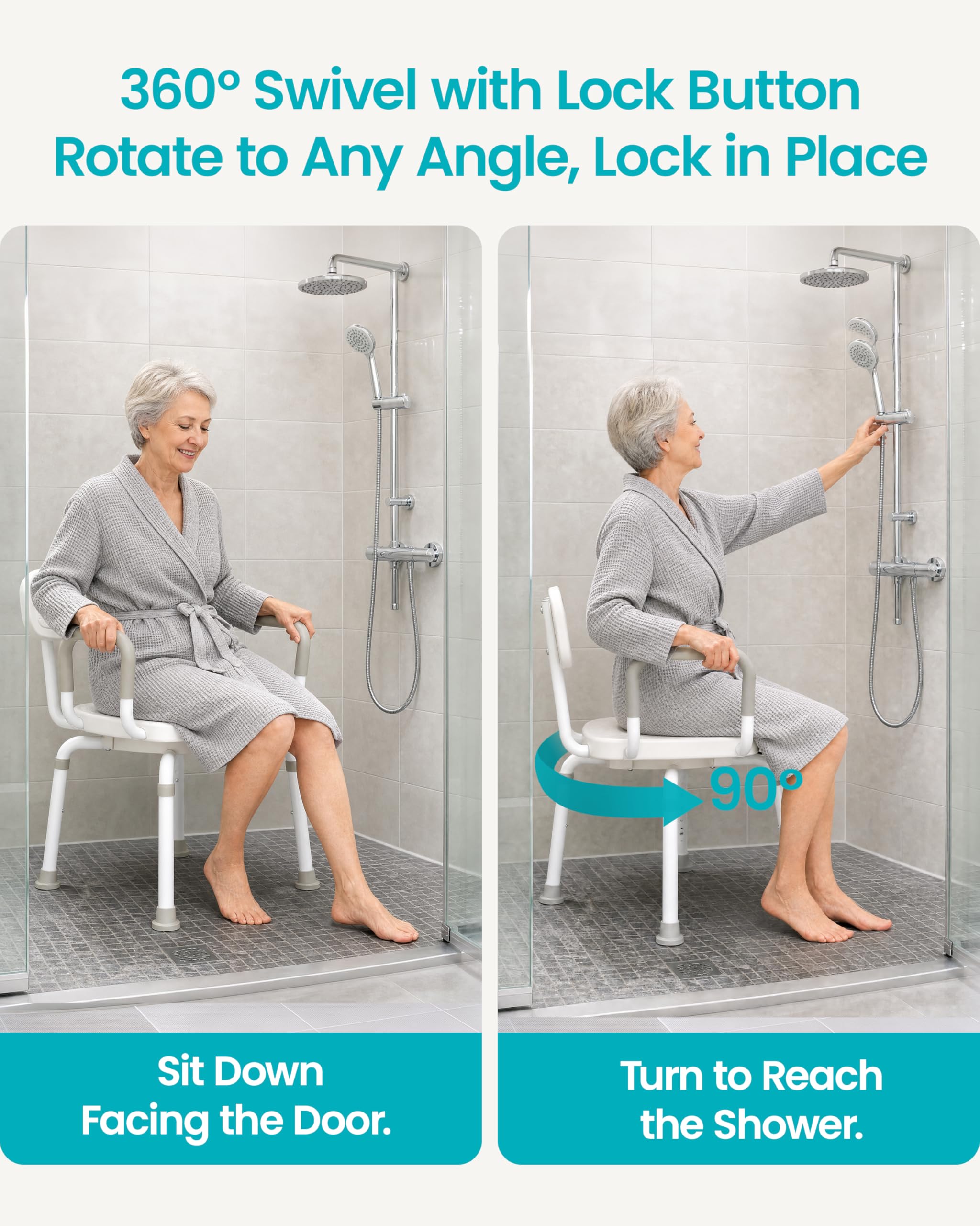 Silla de ducha giratoria para ducha interior, gira sin estar de pie, asiento de baño giratorio resistente de 660 libras con brazos y respaldo, altura ajustable de 18 a 21 pulgadas para personas