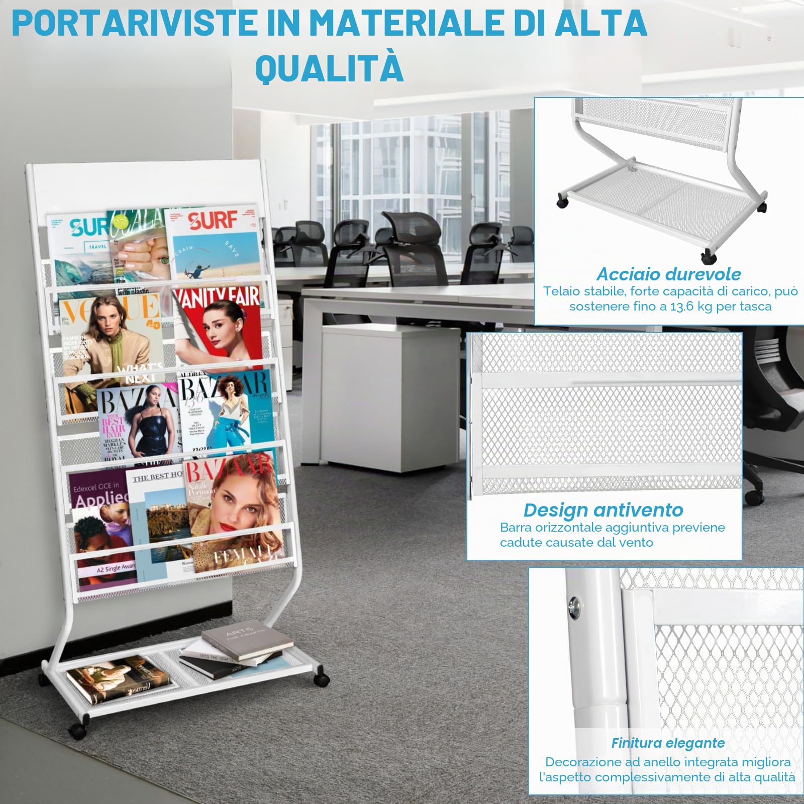SUNDOY - Portabrochure e porta giornali da terra, espositore inclinato per libri, supporto per scorrimento di letteratura per brochure e riviste con 4 ripiani (Bianco, 4 strati, 59,5 cm di larghezza)