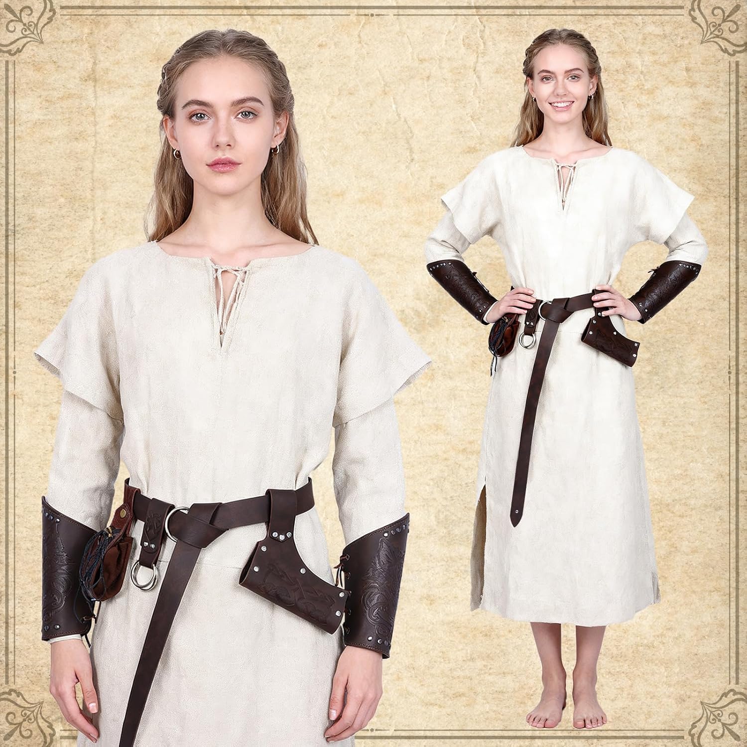 Medieval Belt Costume Accessories 6pcs-Renaissance Accessories with Horn Belt,Leather Bracers, Vintage Pouch, Sword Frog. - Image 5