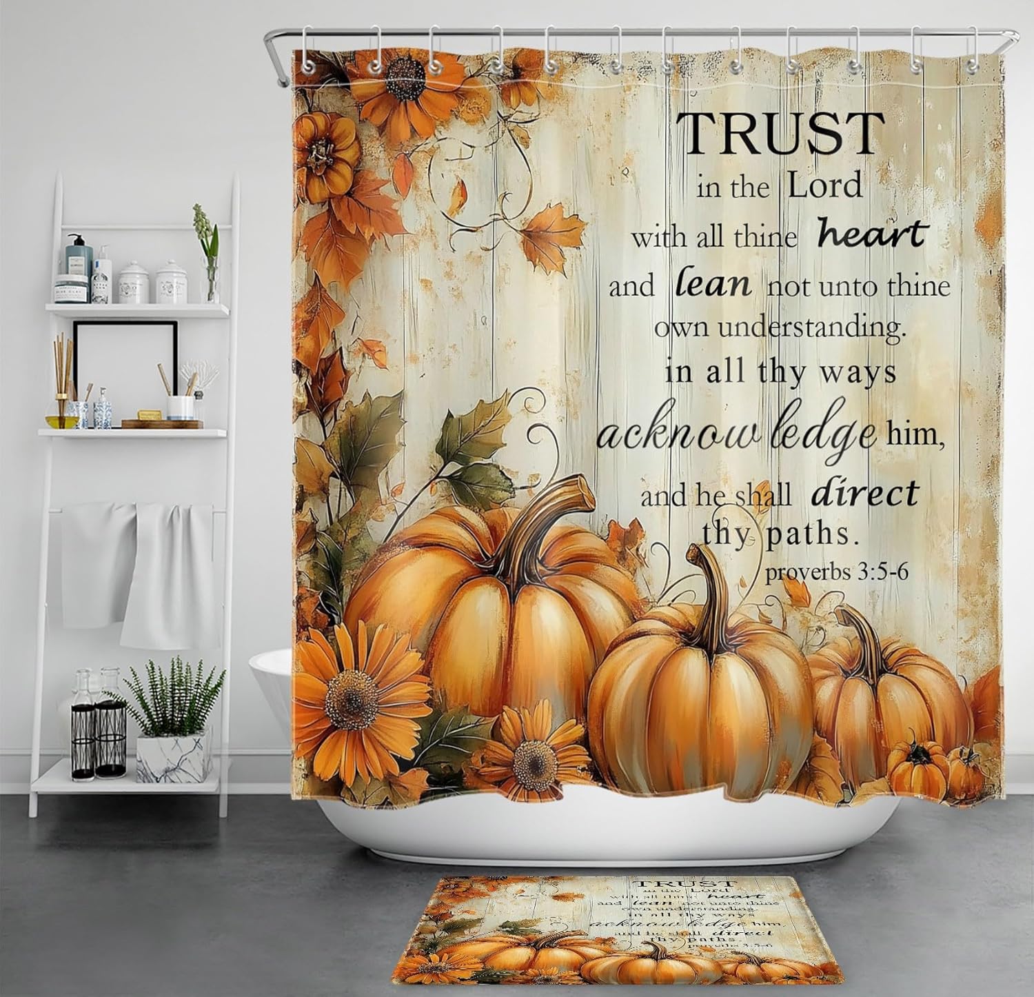 Fall Pumpkin Shower Curtain Set Vintage Orange Sunflower and Pumpkins on Rustic Wood Shower Curtains with 12 Hooks and Memory Foam Bathroom Rugs Bible Verse Washable Bath Curtains Shower Set