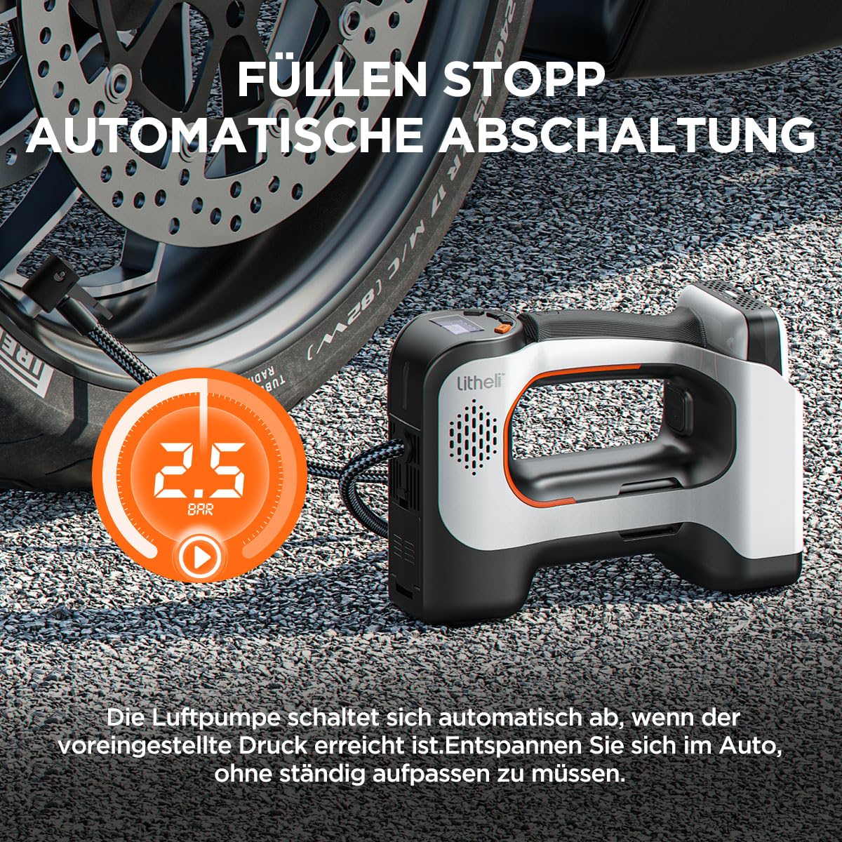 Litheli Elektrische Luftpumpe Tragbarer Akku-Kompressor 10000mAh Digitalanzeige LED-Licht Max 10,3 bar