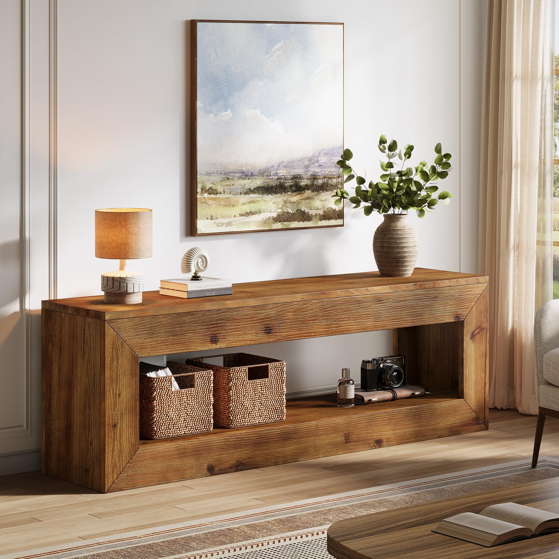 Meuble TV en Bois Massif, Meuble pour télévision Style Campagne jusqu'à 55 Pouces,120 cm Meuble sous téléviseur, Banc TV avec Rangement, Console TV pour Salon, Chambre, Marron Rustique