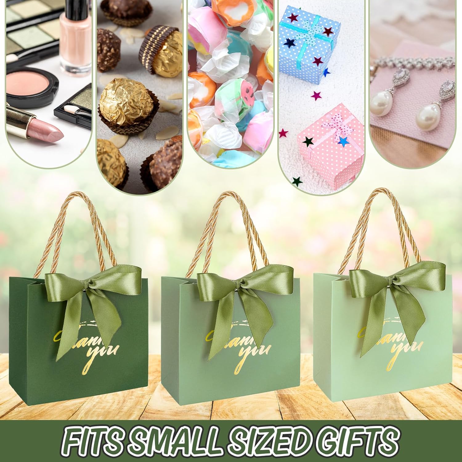 Whaline 60Pcs Thank You Paper Gift Bags with Bow Gradient Sage Green Party Favor Bags with Handles for Wedding Bridal Baby Shower Birthday Party - Image 4