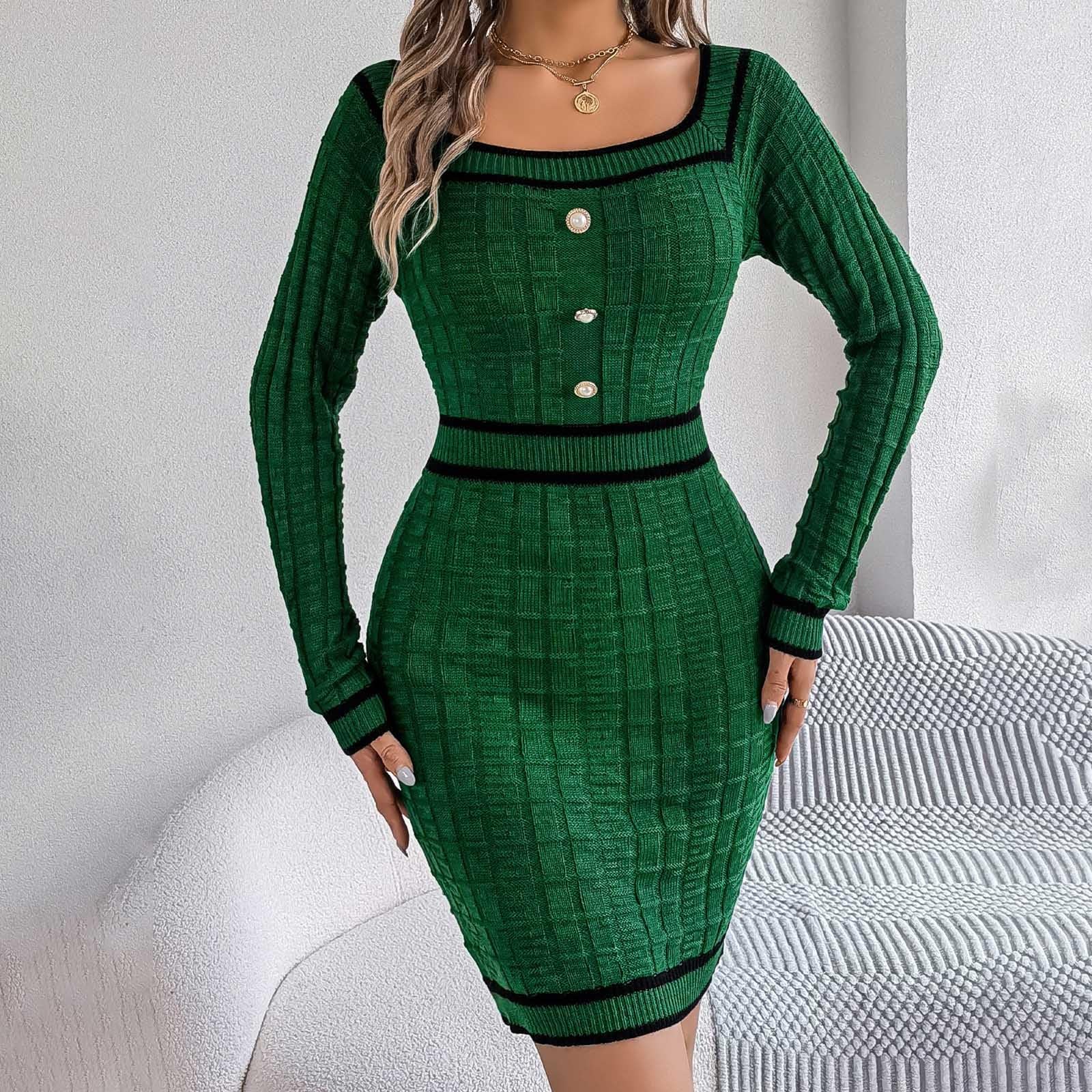 Robe mi-Longue à Manches Longues pour Femme en Tricot épais à Rayures en Bloc pour Automne et Hiver Robe De Cocktail Rose Poudré