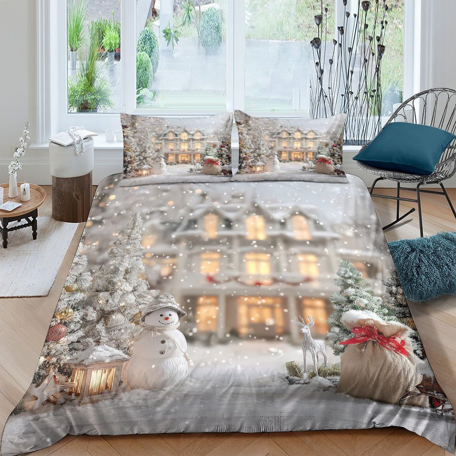 Ctjqhvkz Style-7 3D Printed Winter Snow House Fitted Sheet Microfiber Soft Breathable Christmas Scene Bed Cover For Bedroom Guest Room Single（135X200cm）
