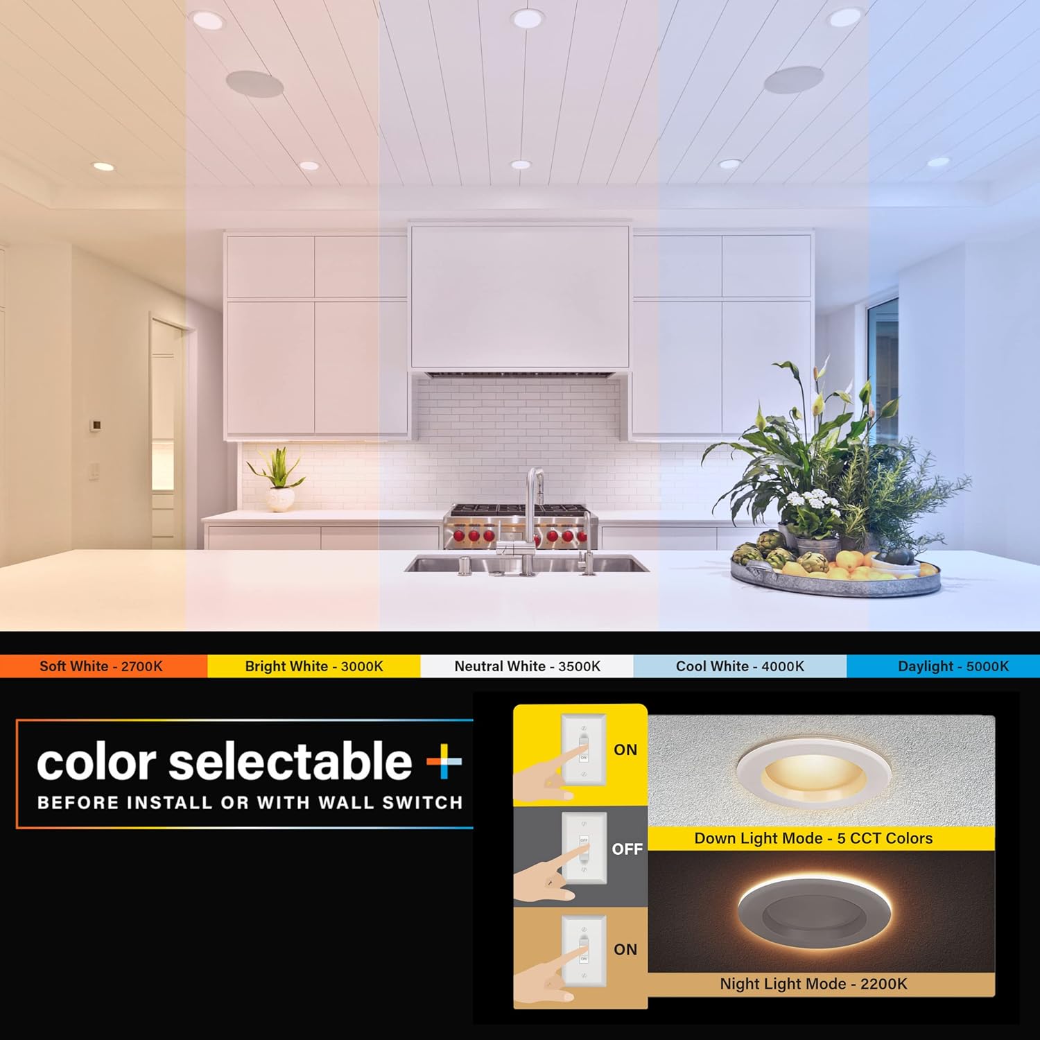 Feit Electric 4" LED Recessed Downlight with Night Light Mode, 50W Equivalent, Dimmable, 5CCT Selectable White, 90 CRI, 650 Lumens, 45 Year Lifetime, 4 Pack, LEDR4/NL/5CCTCA/4