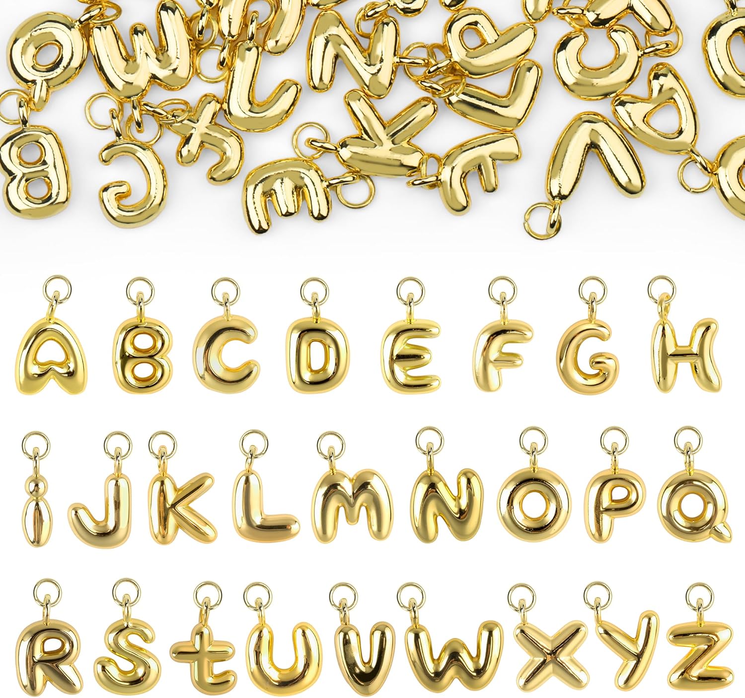 Starry 52pcs Gold Bubbled A-Z Alphabet Letters Charms for Jewelry Making Gold Chunky Bubble Initial Letter Charm Pendant Beads Trendy Bubble Glitter Pendants for Women Bracelet Necklace Choker Making
