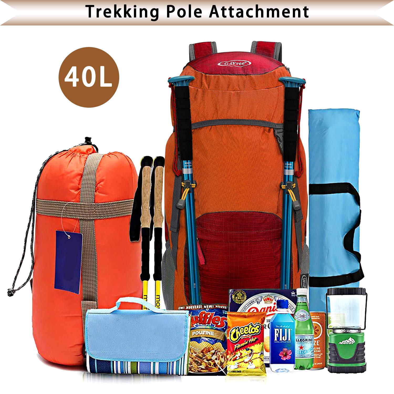 G4Free 40L Faltbarer Rucksack, Wanderrucksäcke Ultraleicht, Wasserdichter Trekkingrucksack Daypack Damen Herren für Outdoor Wandern Camping Reisen, Orange Rot