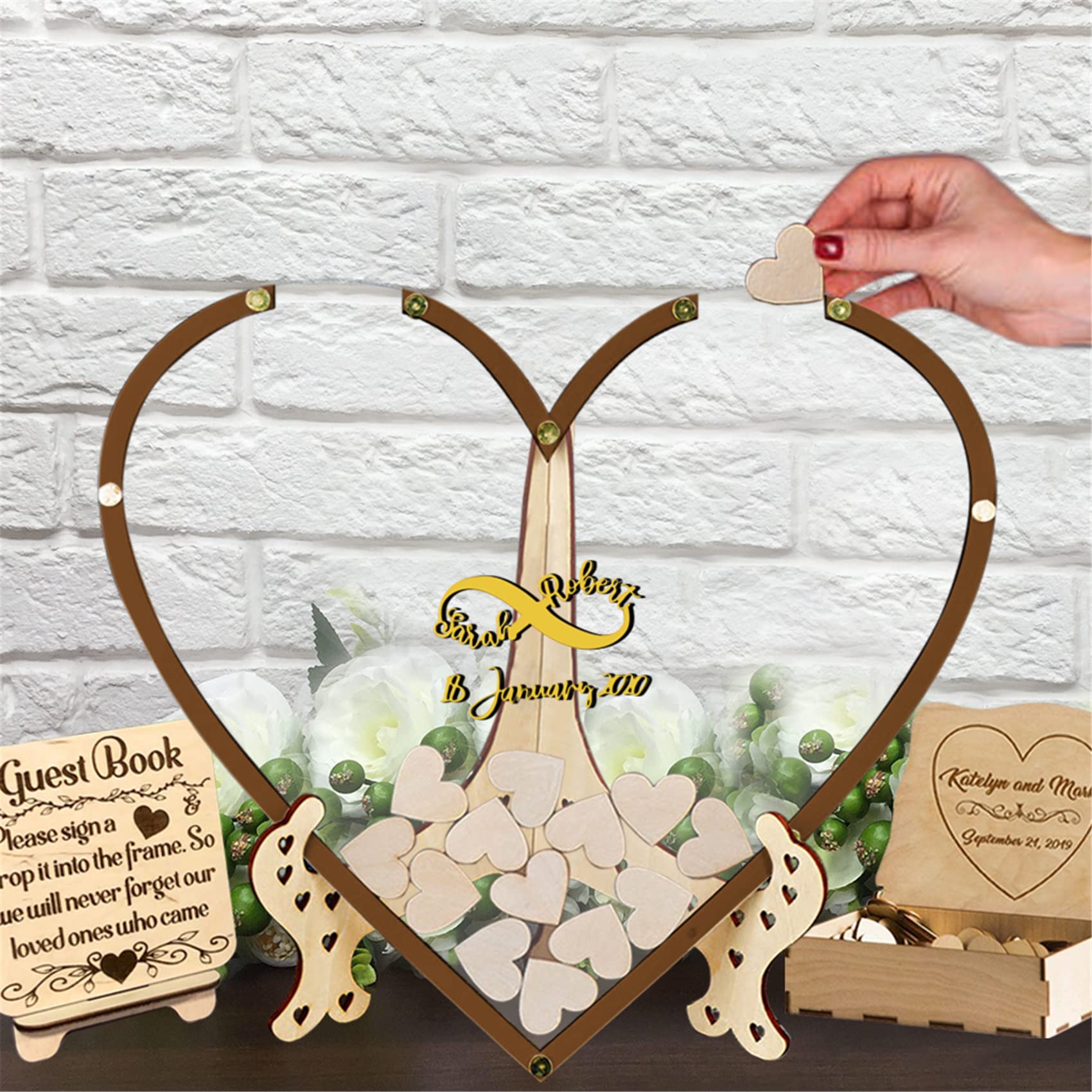 JeathFea Guest Book Matrimonio Legno Personalizzato - con 50-100 Cuori Vuoti - Cornice per Libro degli Ospiti in Legno - Decorazione Nuziale