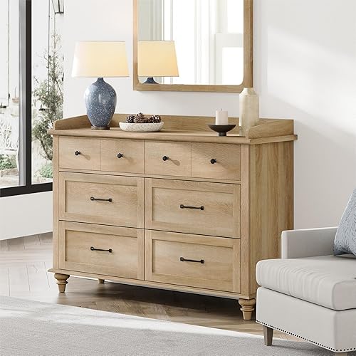 Miniatura 4 de WAMPAT Cómoda de granja para dormitorio con 6 cajones, cómoda para niños con cómoda ancha, soporte de TV de madera clara para sala de estar, armario