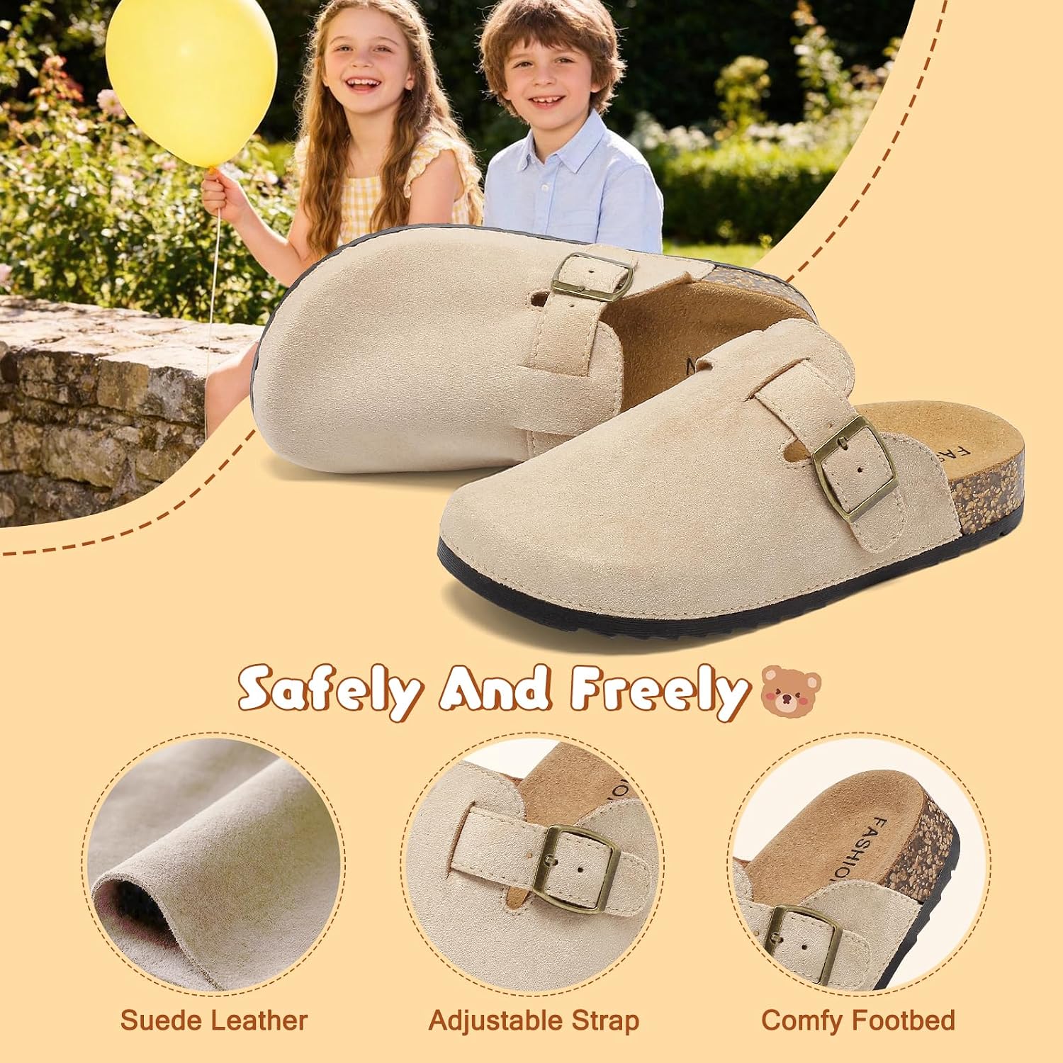 Kids Suede Clogs with Cork Footbed, Boys Girls Clogs Slides with Adjustable Buckle Comfort Memory Foam Insole Arch Support Mules Non-Slip Slippers Sandals for Toddlers