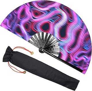 Zolee Large Rave Folding Hand Fan with Bamboo Ribs for Men/Women - Chinese Japanese Handheld Fan with Fabric Case - for Dance Music Festival Party, Performance, Decorations, Gift (Psychedelic)