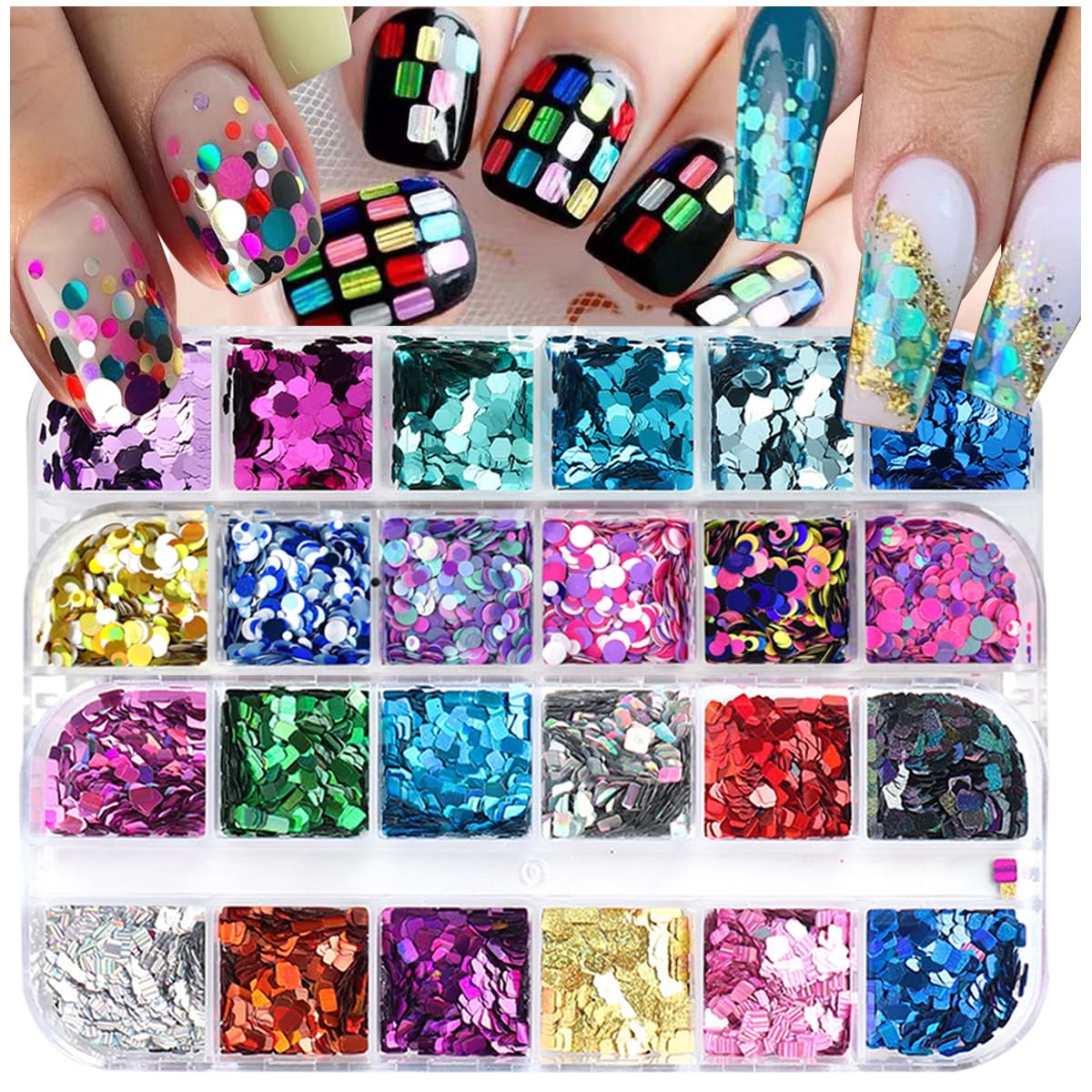UARUOGP 3 Boxes 36 Grids Holographic Nail Art Sequins Mermaid Hexagon Round Square Nail Glitter Decoration,DIY Chunky Holographic Supplies 3D Laser