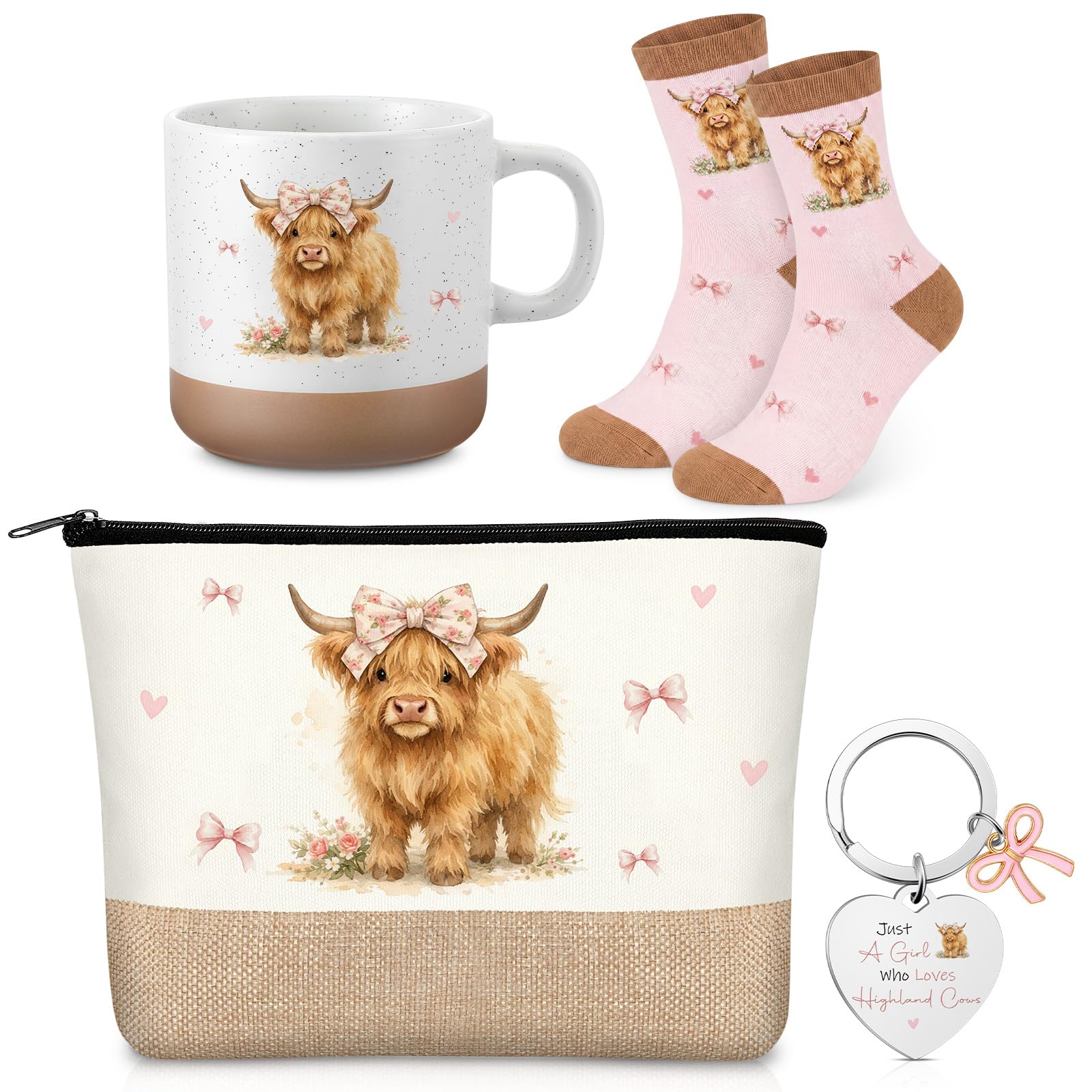 Geiserailie 4 Pcs Highland Cow Gifts for Women Includes Makeup Cosmetic Bag Keychain Mug and Socks Animal Lover Gifts for Mom, Auntie, Wife, Friends, Colleagues