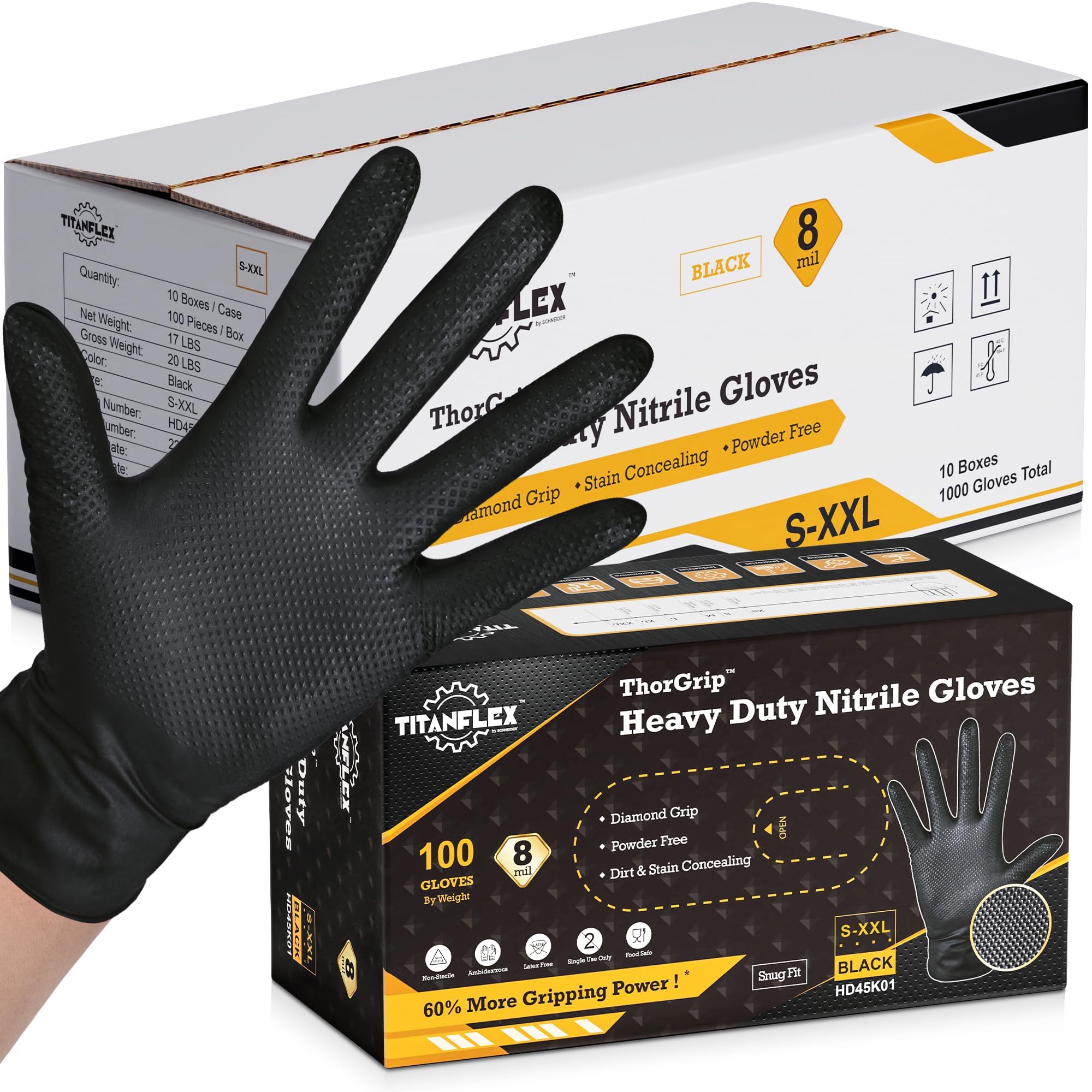 Thor Grip Heavy Duty Black Industrial Nitrile Gloves with Raised Diamond Texture, 8-mil, Latex Free, 100-ct Box