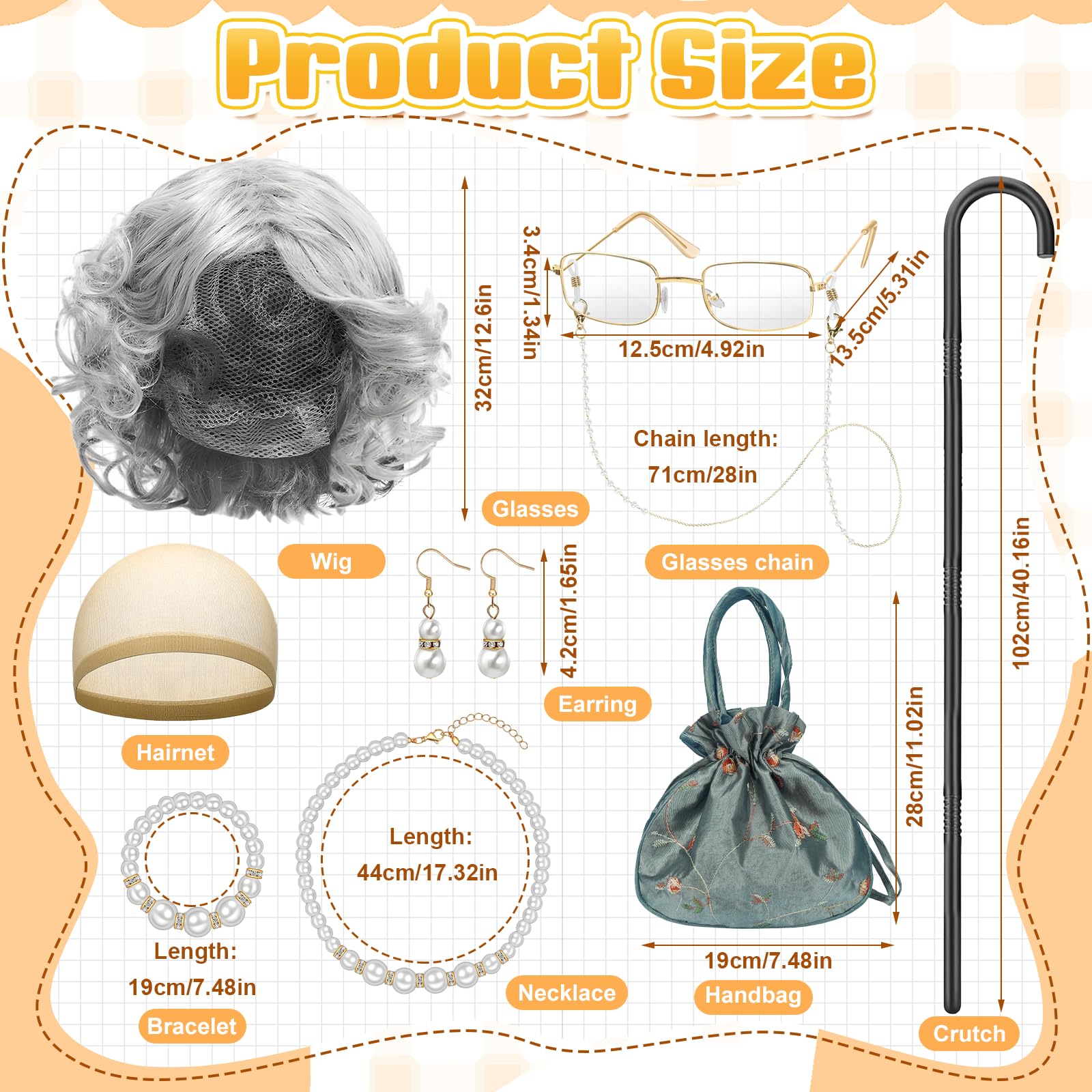 Kyndara 9pcs Old Lady Fancy Dress Kit for Women Granny Costume Accessory Set including Wig Pearl Necklace Bracelet Earrings Bag Glasses Walking Stick for Adult Christmas Halloween World Book Day Cosplay - Image 2