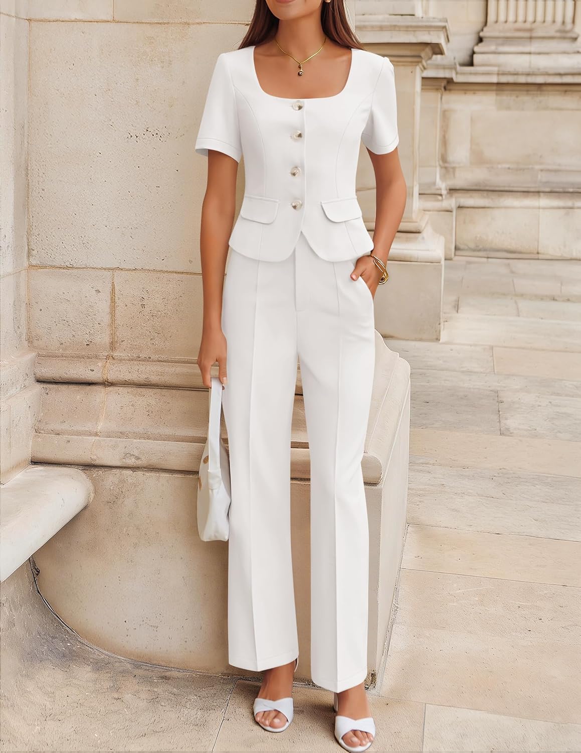 ZESICA Women's Summer Two Pieces Suits Set 2026 Short Sleeve Blazer Wide Leg Pants Business Casual Outfits Sets - Image 4