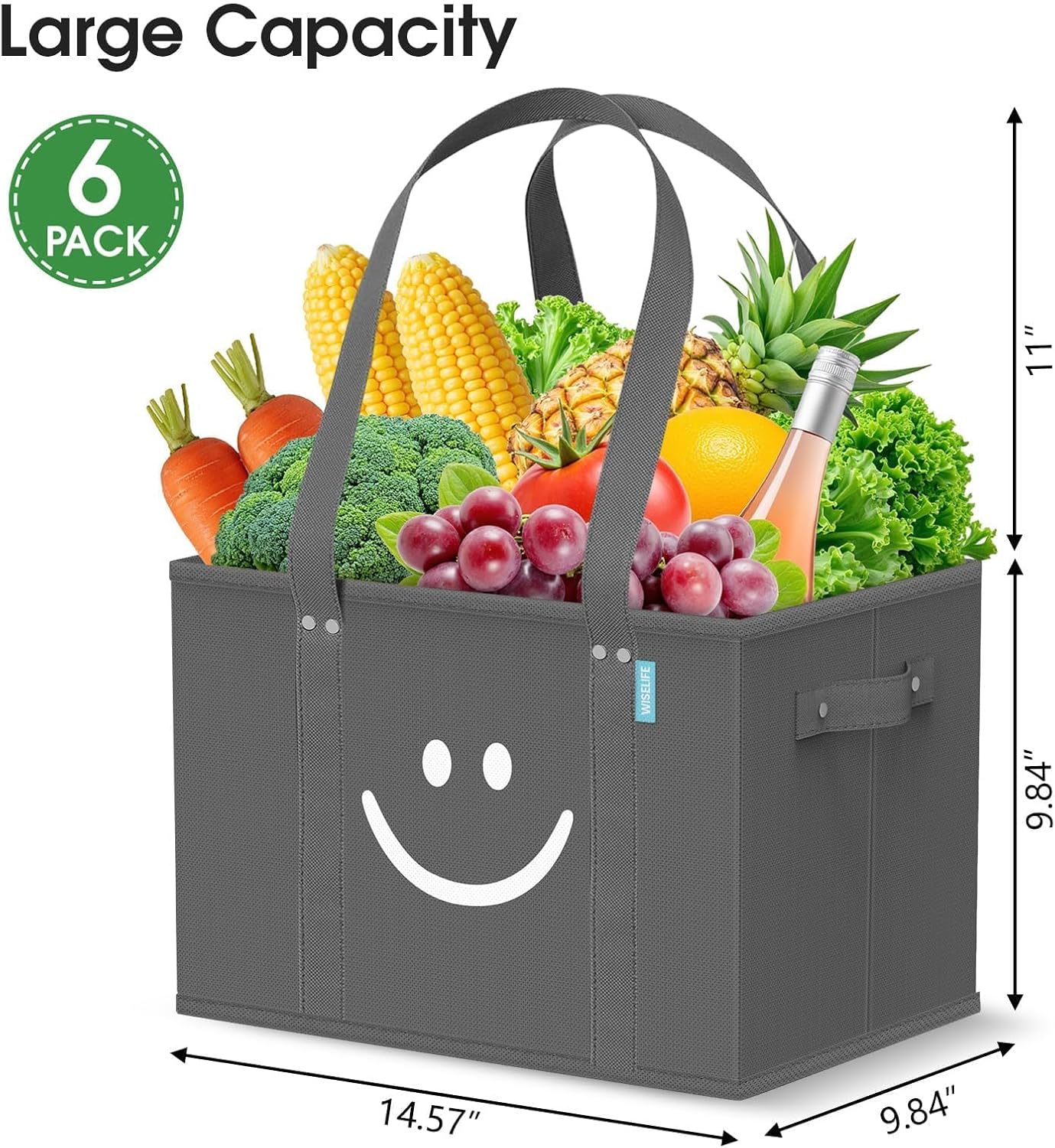 WISELIFE Reusable Grocery Bags 6 Pack - Collapsible Tote Shopping Bags with Sturdy Handles & Bottom to Stands Upright, Grey