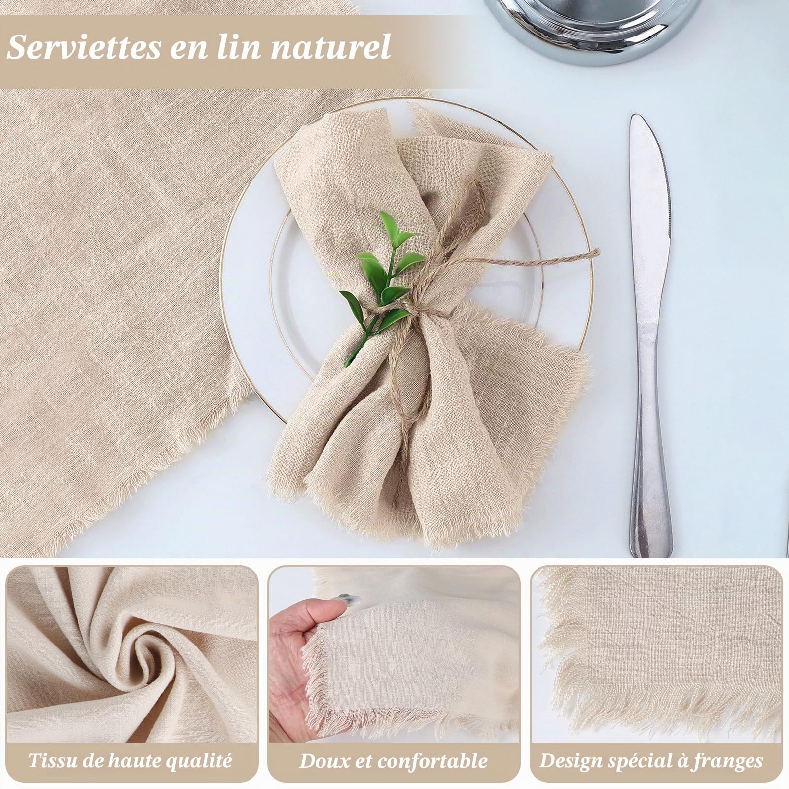 LALAGO 12pcs Serviettes de Table en Tissu 45x45cm, Serviette Tissu avec Franges, Serviettes de Table en Lin Lavable et Réutilisable pour Mariage, Hôtels, Restaurants, Evénements et Fêtes Beige