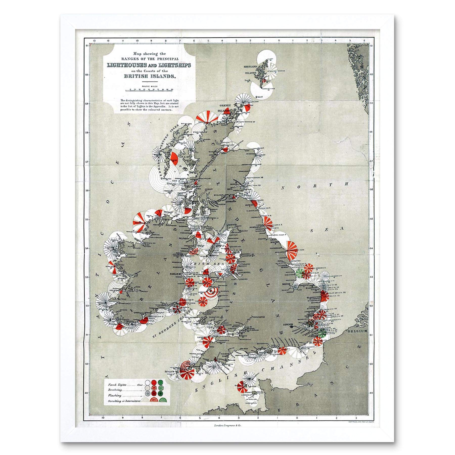 Wee Blue Coo Map Antique 1884 Price Lighthouses Lightships British Isles Art Print Framed Poster Wall Decor 12X16 Inch
