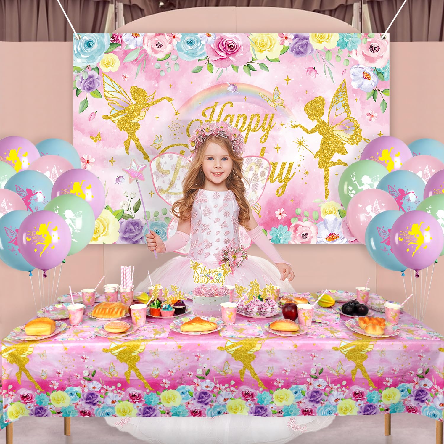 Decorazioni Feste Compleanno A Tema Fata - Set Con Piatti, Tazze, Palloncini E Sfondo Rosa - Foto 9