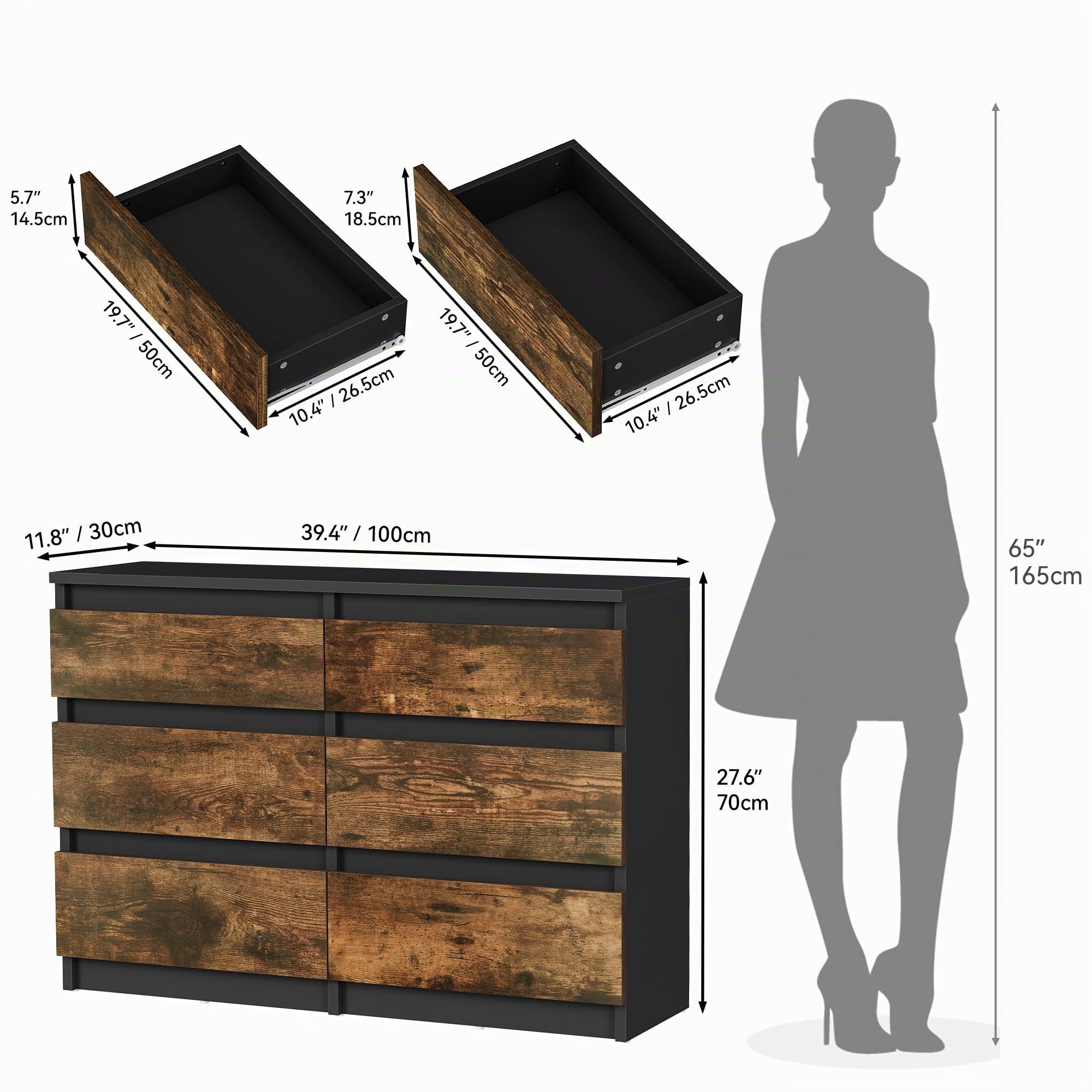 YITAHOME Commode à 6 tiroirs en Bois pour Chambre à Coucher, Table de Chevet Moderne, 100 x 30 x 70 cm, Noir Rustique