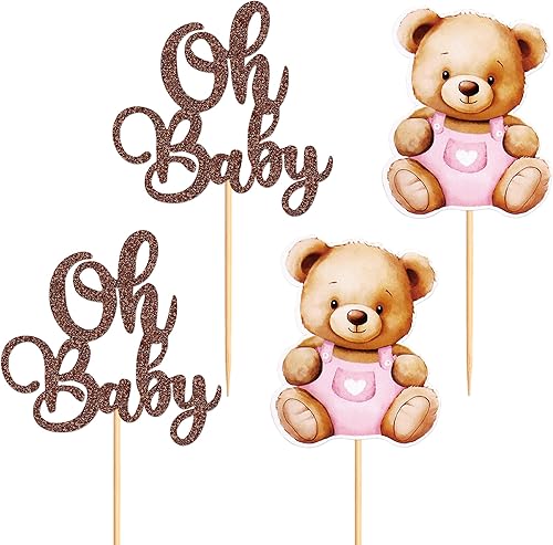Miniatura 7 de Ercadio Paquete de 24 adornos para cupcakes Bear Oh Baby Bear Oh Baby para cupcakes de oso rosa para decoración de pasteles con temática de oso para