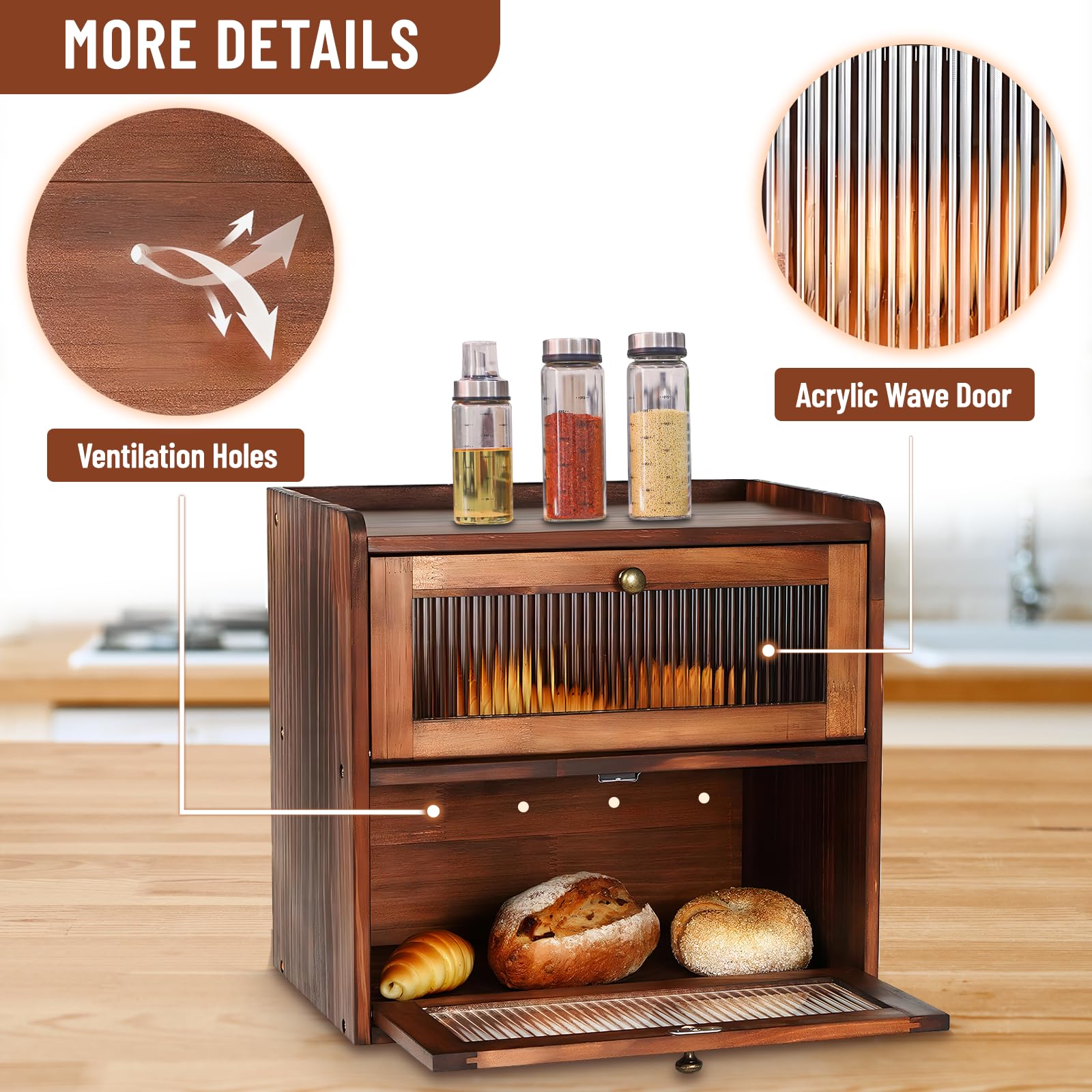 Portapane in Legno,Contenitore per Pane a Doppio Strato per Conservazione di Alimenti di Grande Capacità da Cucina e Panetteria,Cassetta per il Pane Salva Aroma in Legno,36.5*24*34cm (Marrone)