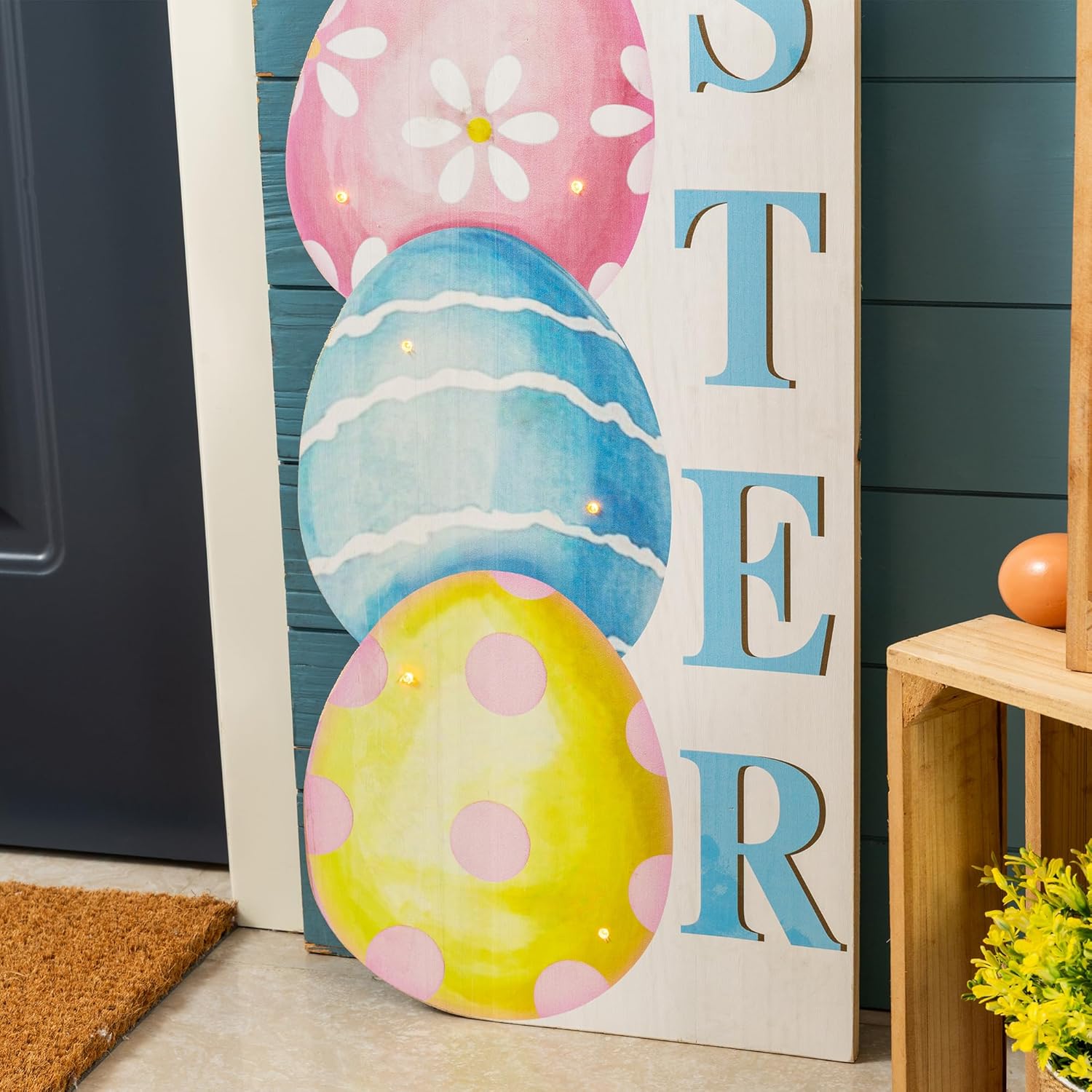 Glitzhome 42" Lighted Wooden Easter Porch Sign with Timer, Stacked Eggs Vertical Welcome Sign for Front Door Indoor Outdoor Spring Easter Party Decor