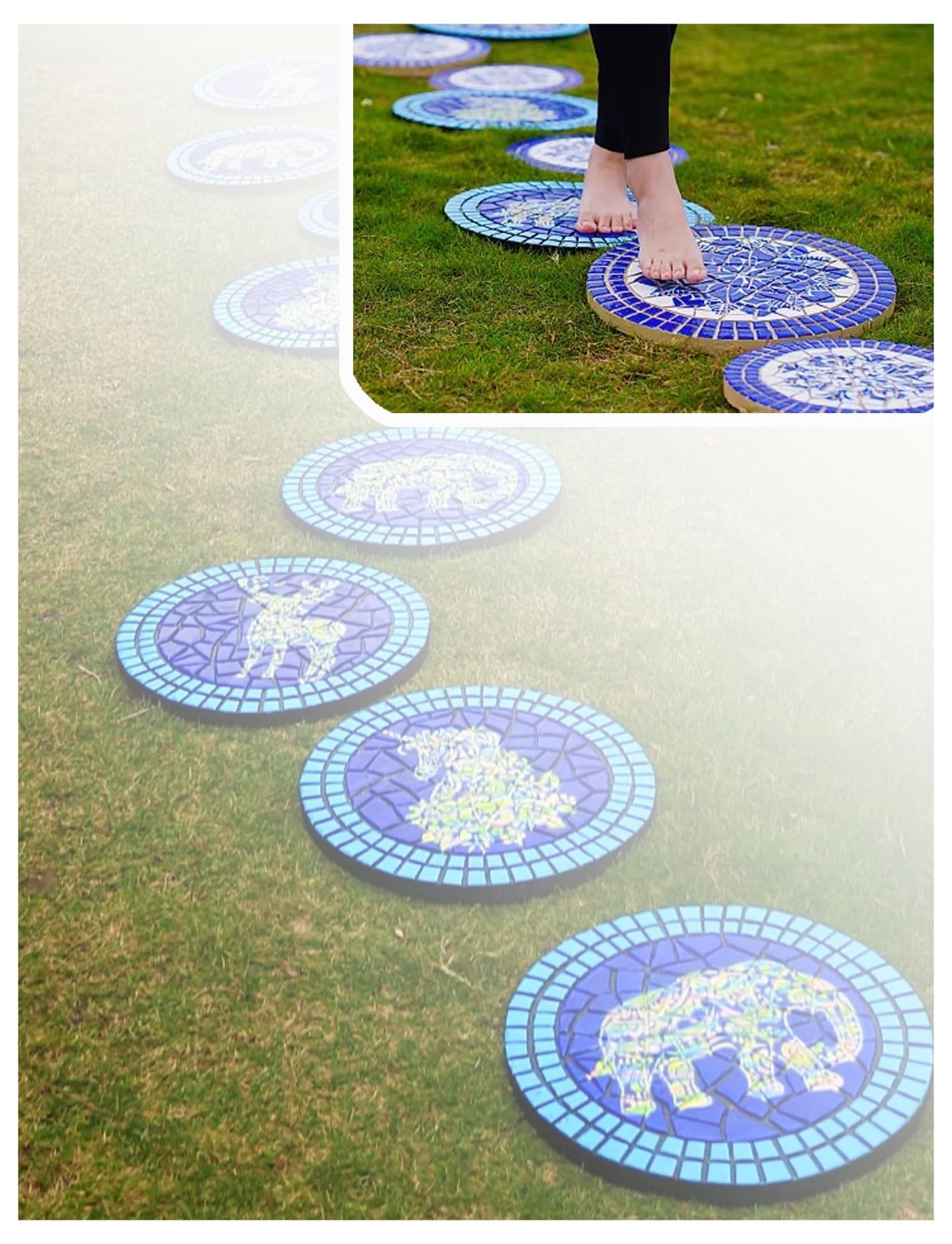 Lot de Pas Japonais pour Jardin Dalles Extérieures Décoratives et Antidérapantes Gravier ou Terre Résistant aux Intempéries et Installation Facile(Blue-A-39 cm/15.4 inches)