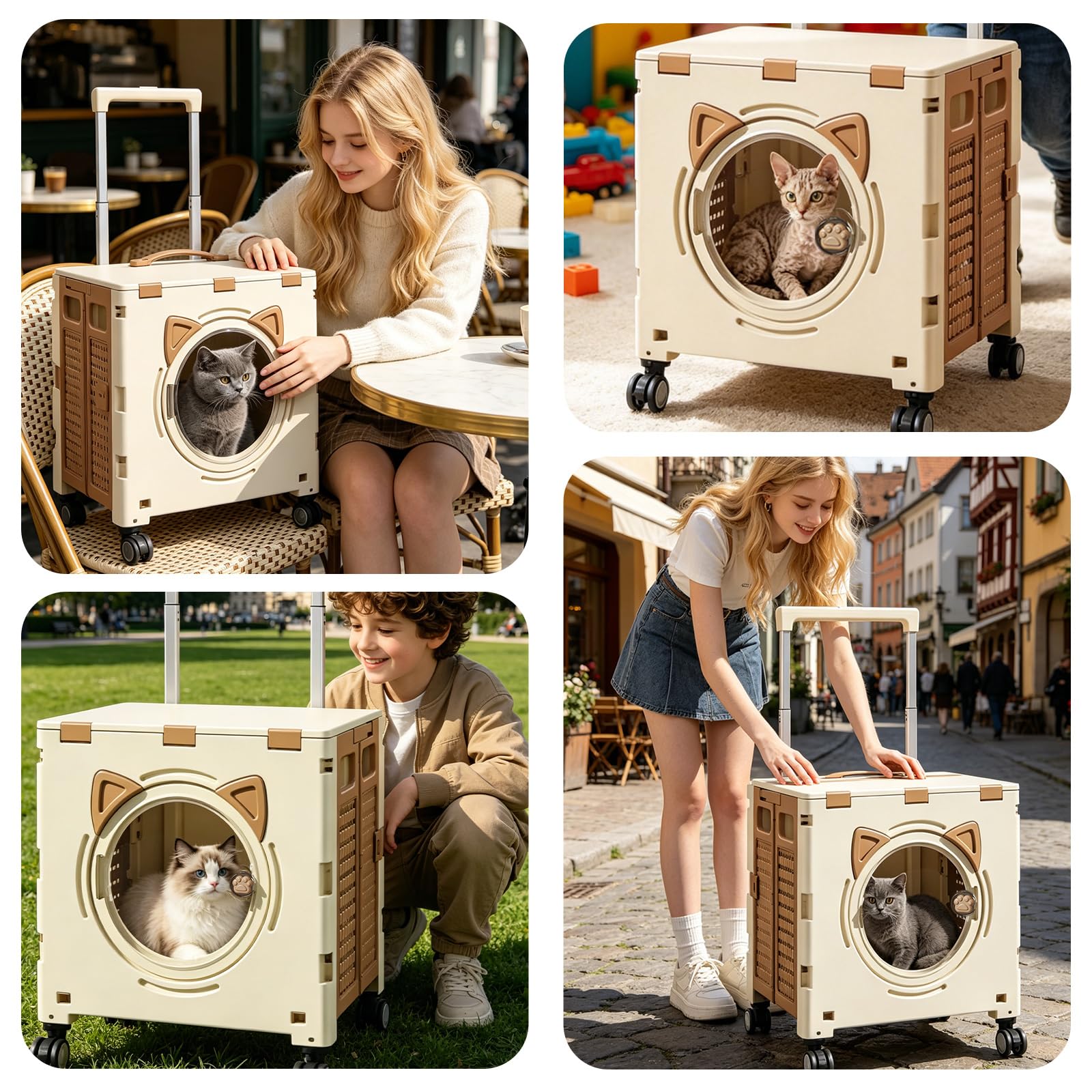 PETCUTE Bolsa de Viaje para Perros,Transportín para Gatos con Ruedas,Transportín Multiusos para Mascotas para Perros y Gatos Pequeños con Asa Telescópica,para Viajes, Senderismo,Paseos,Caqui