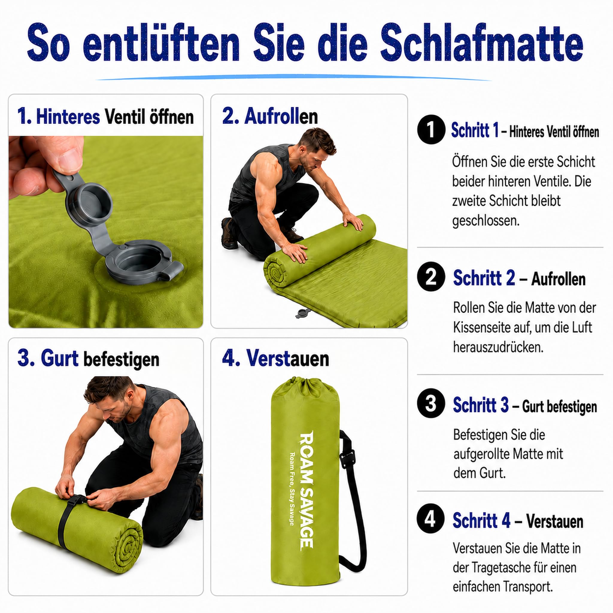 ROAM Savage Selbstaufblasende Camping-Isomatte, 7 cm Schlafmatte mit Kopfkissen, R-Wert 8,0 Isolierung, 50D TPU-Gewebe, koppelbare Luftmatratze für Camping, Wandern und Reisen