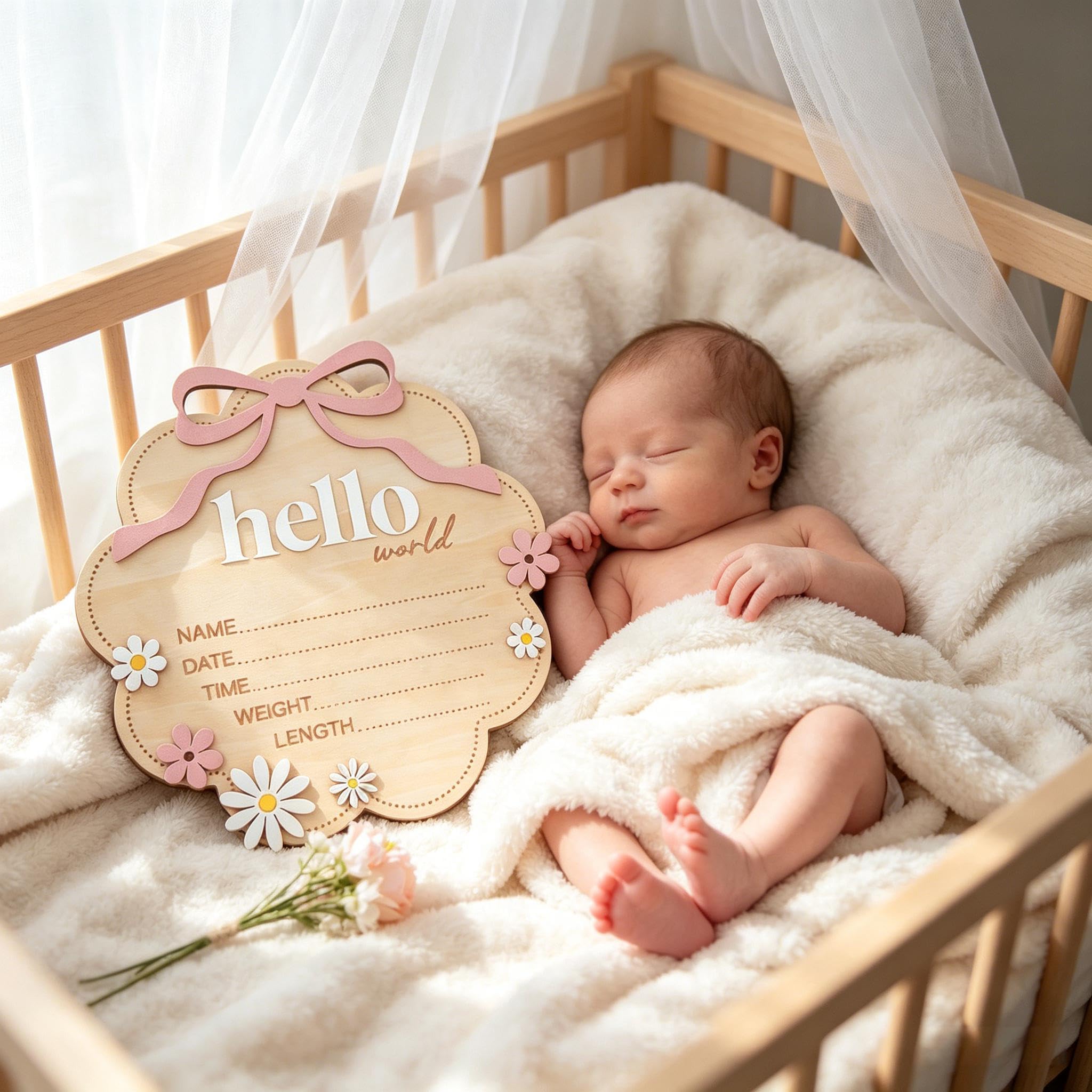 Hello World Wooden Baby Birth Announcement Sign with Pink Bow, Cloud Shape Floral Newborn Name Date Time Weight Length Board, Newborn Girls Boys Photo Prop (Pink) - 5