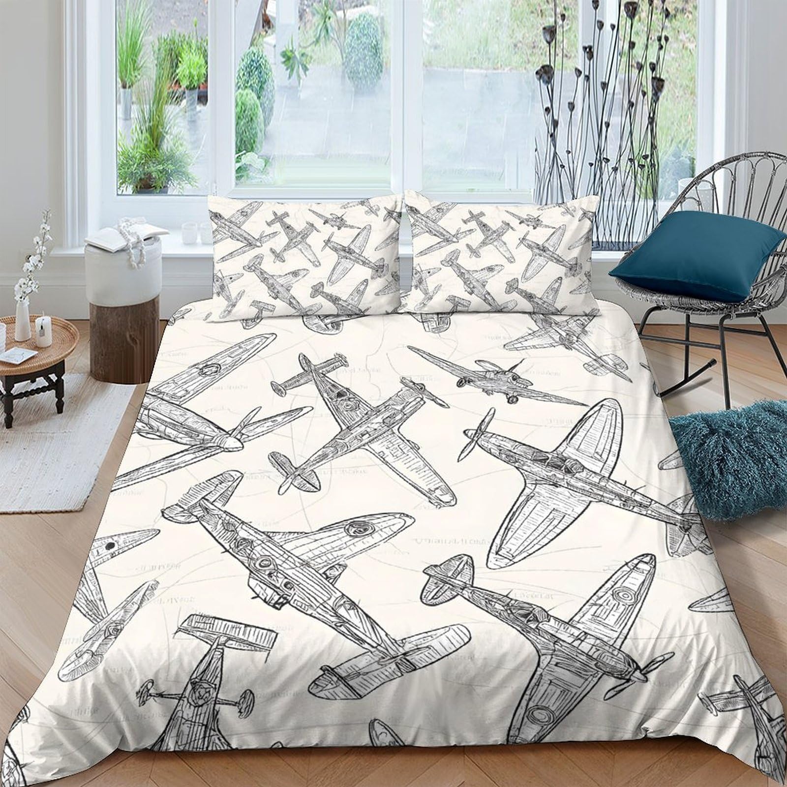 Ctjqhvkz Style-5 3D Printed Vintage Aircraft Fitted Sheet Microfiber Soft Anti-Slip Sketch Plane Mattress Cover Bedroom Decor Washable Single（135X200cm）