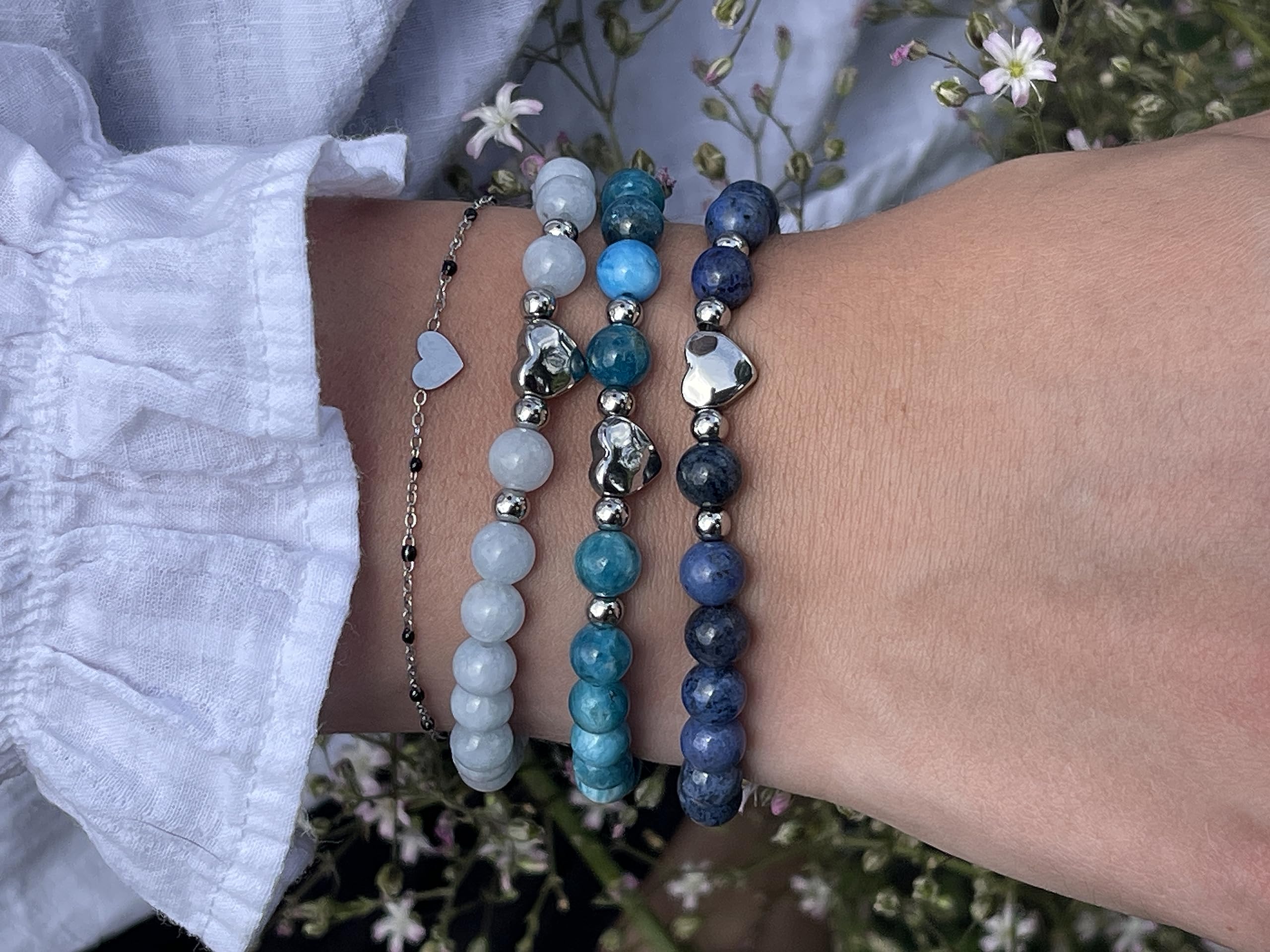 Aquamarin Armband Perlen echt 6mm Herz Edelstahl Silber Gold Roségold oder ionisiert - Handmade Perlenarmband Selbstbewusstsein Liebe Glück Frieden - Spiritueller Schmuck Damen Mädchen