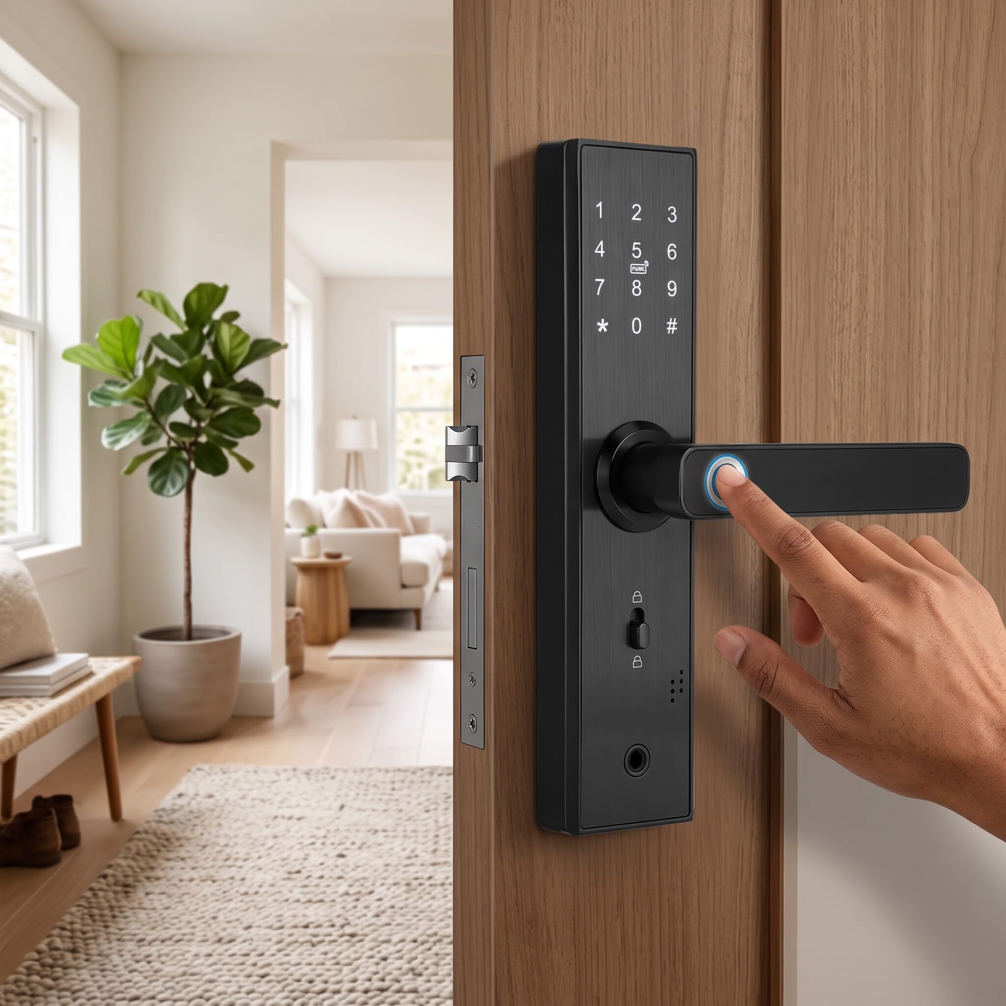 Cerradura de Puerta Inteligente, WiFi Pantalla Táctil Contraseña de Huella Digital Tarjeta IC Serrure de porte intelligente con Llave Mecánica Digital Aplicación Tuya Manija Reversible