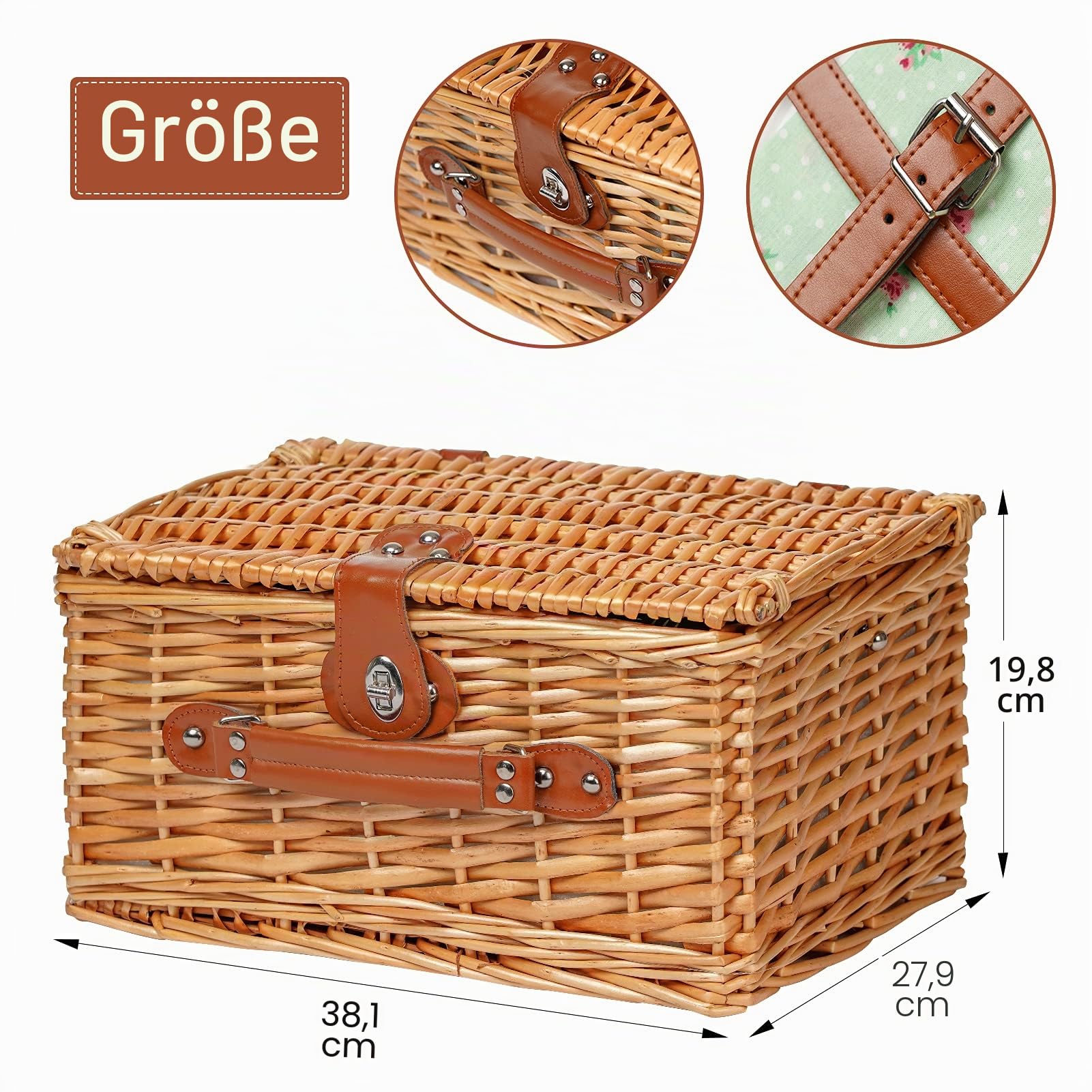 Wicker Picknickkorb für 2 Personen, Willow Hamper Basket Sets, handgefertigter Picknickkorb für 2 Personen mit Utensilienbesteck Perfekt für Picknick, Camping Flower