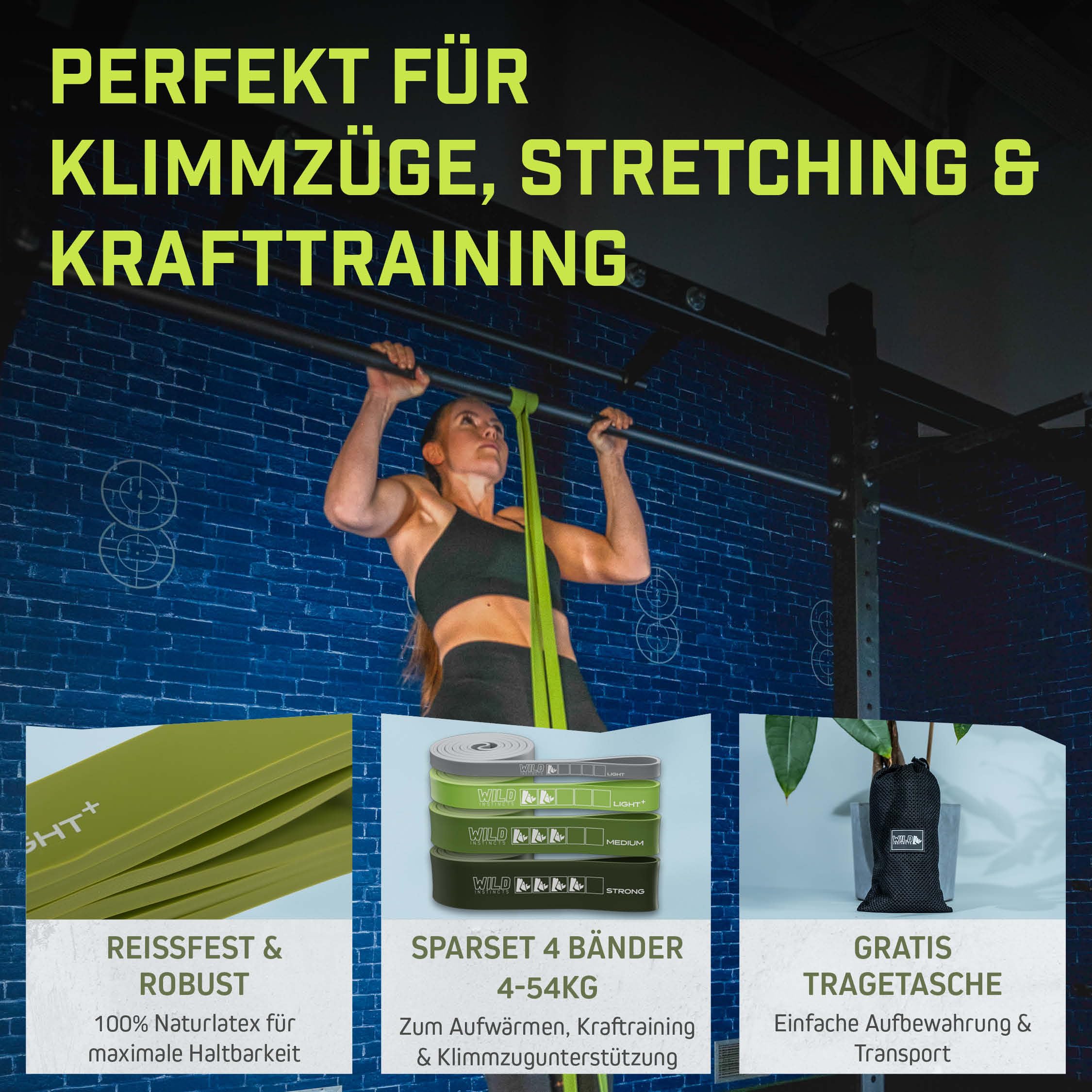 Wild Instincts Premium Widerstandsbänder Krafttraining/Pull Up Band für Klimmzüge, Fitnessbänder Set/Resistance Bands Set/Gummiband Sport für Crossfit & Stretching +Tasche +Trainings App