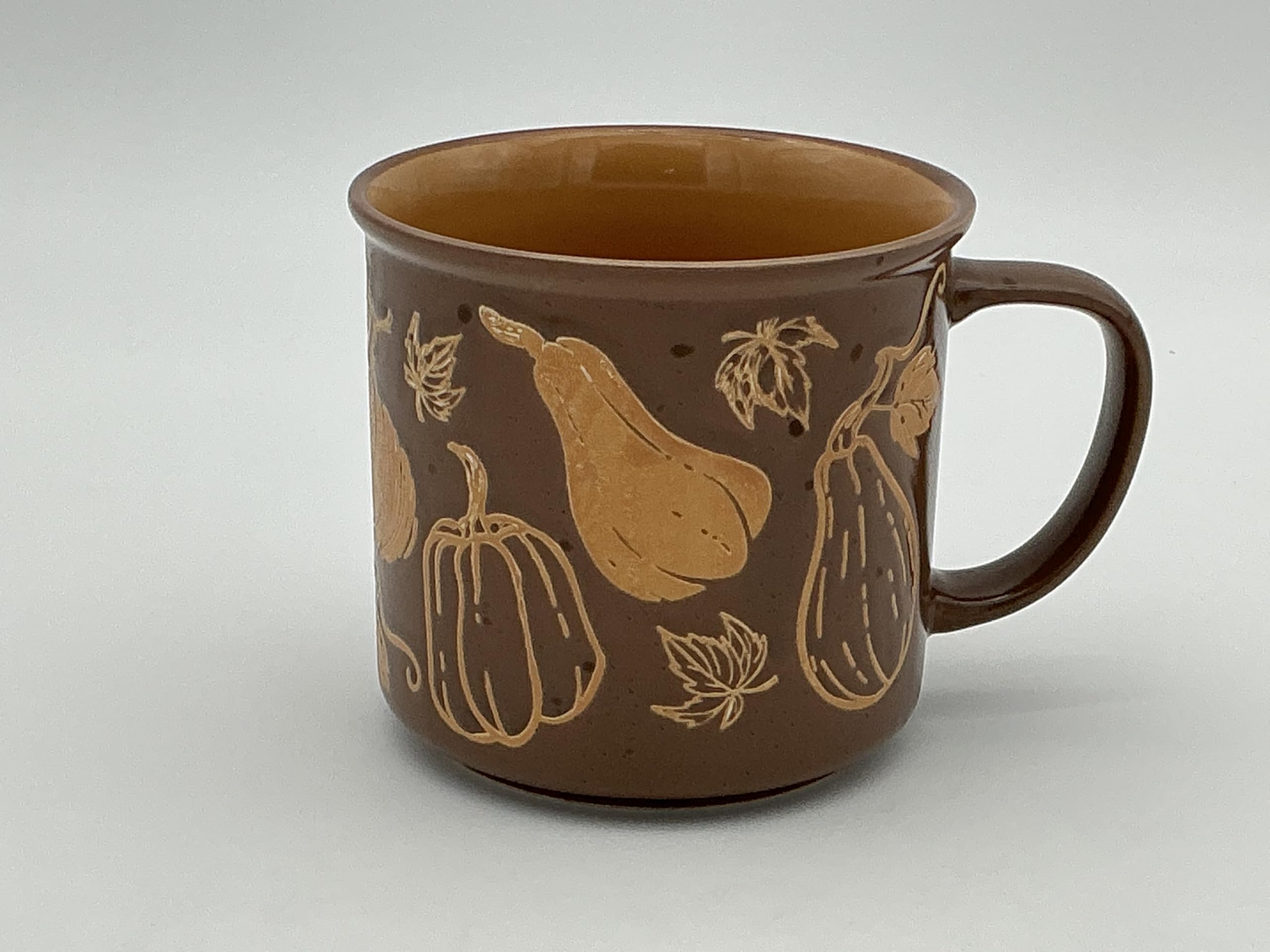 new 2025 release ceramic Fall, Harvest, Thanksgiving mug brown with tan designs of pumpki…