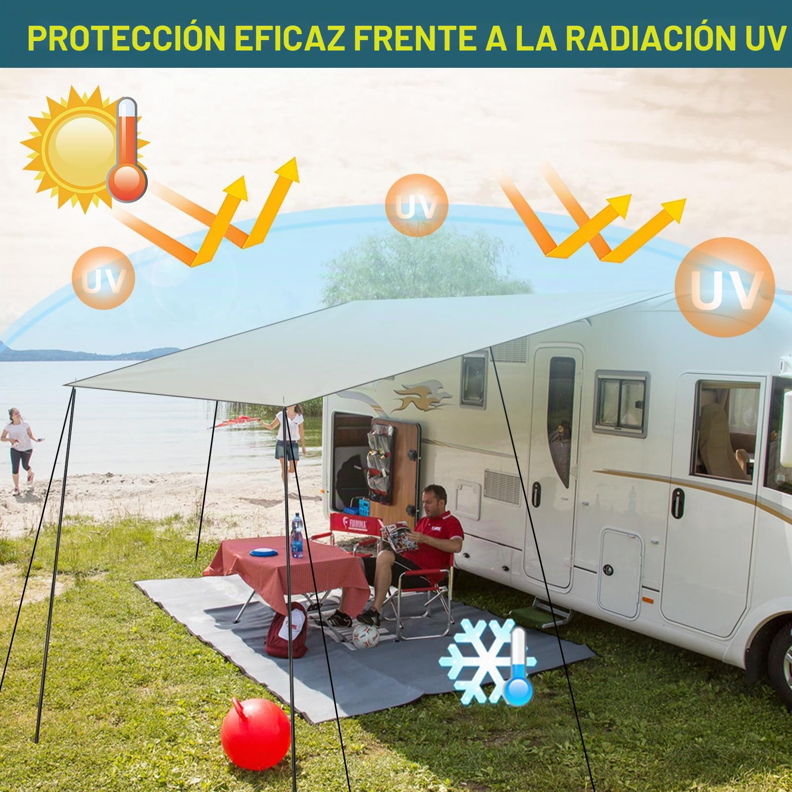 Toldo toldo para Remolque Campervan, 2,5 m x 4 m toldo Caravana con líneas Guy, Postes de Apoyo y Clavijas, Adecuado para 4,3/6,2/7 mm toldo Rail