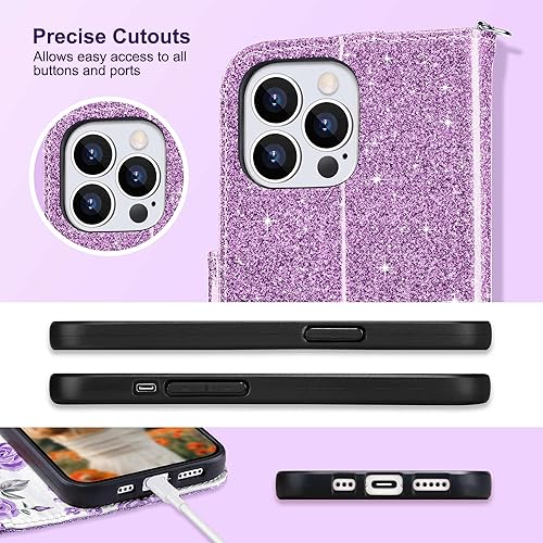 Miniatura 8 de ULAK Funda compatible con iPhone 15 Pro con tarjetero, diseño floral de poliuretano con purpurina floral para mujer, diseño de flores, con función