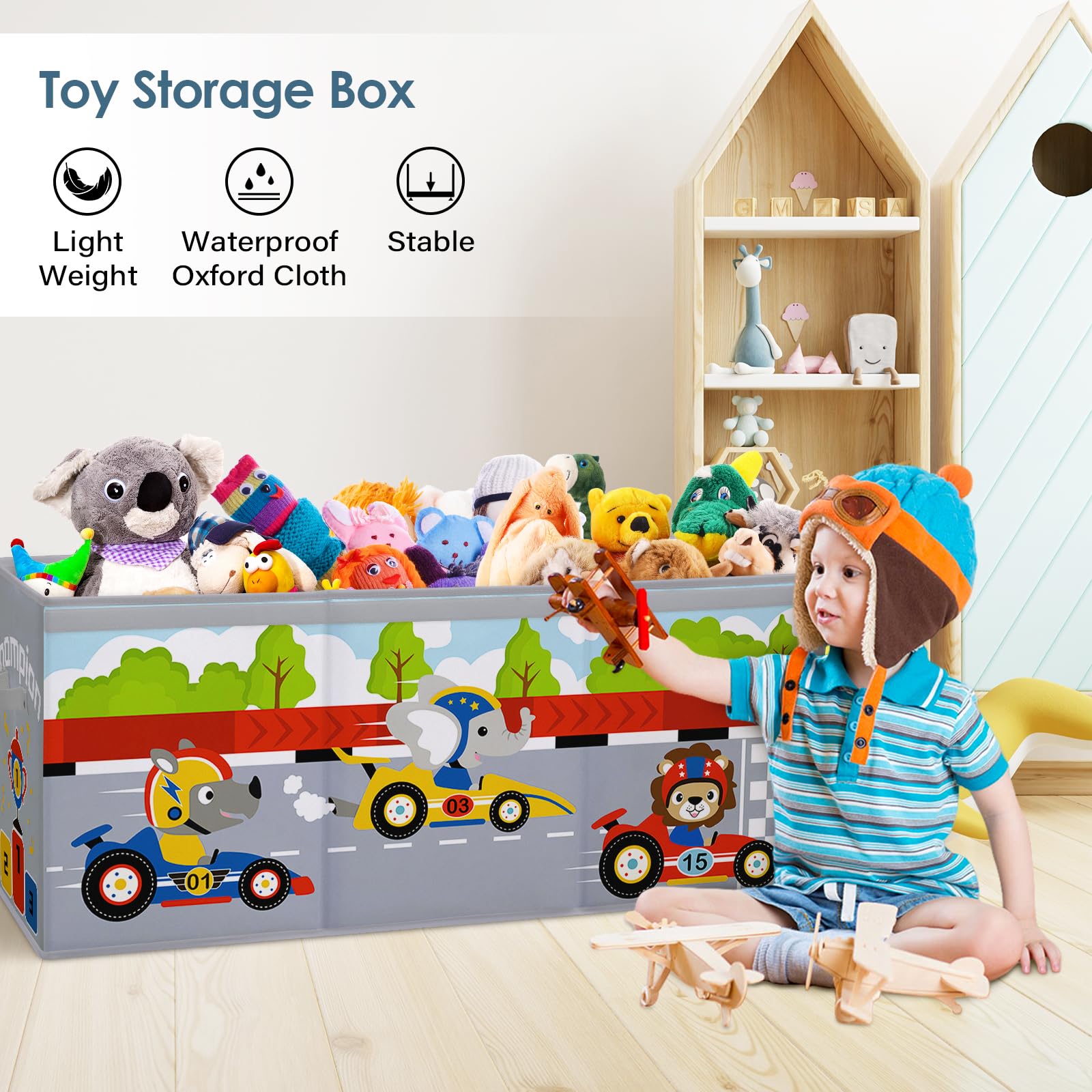 Scatola di Giocattoli Large con Coperchio Ribalta per Bambini, Contenitore Porta Giochi Pieghevole Oxford, Baule Portagiochi Impermeabile Robusto per Ragazze Ragazzi, 96×32×40cm (Animali da Corsa)