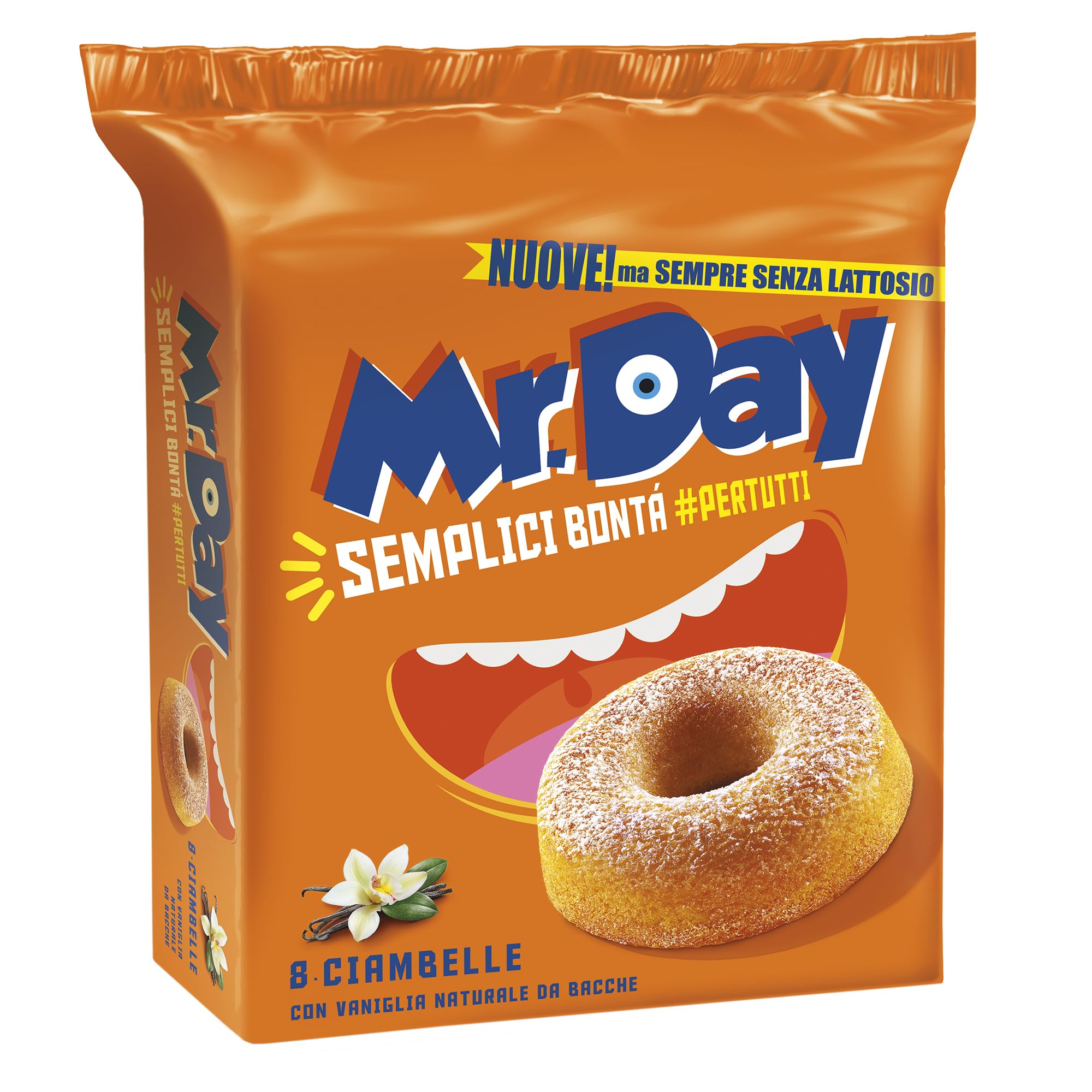 Mr.Day - Ciambelle con Vaniglia Naturale da Bacche, Merendina Senza Lattosio e Senza Olio di Palma, Ideali per Colazione, Snack o Merenda, Confezione da 8 Merendine, 320 gr