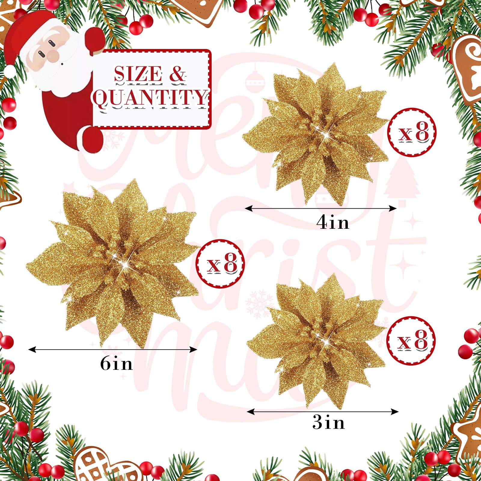 Chunyin 24 Pcs 3 Sizes Christmas Glitter Artificial Poinsettia Flowers with Clips Xmas Magnolia Decorations Tree Ornaments for Wedding Party Wreath Decors (Gold) - Image 2