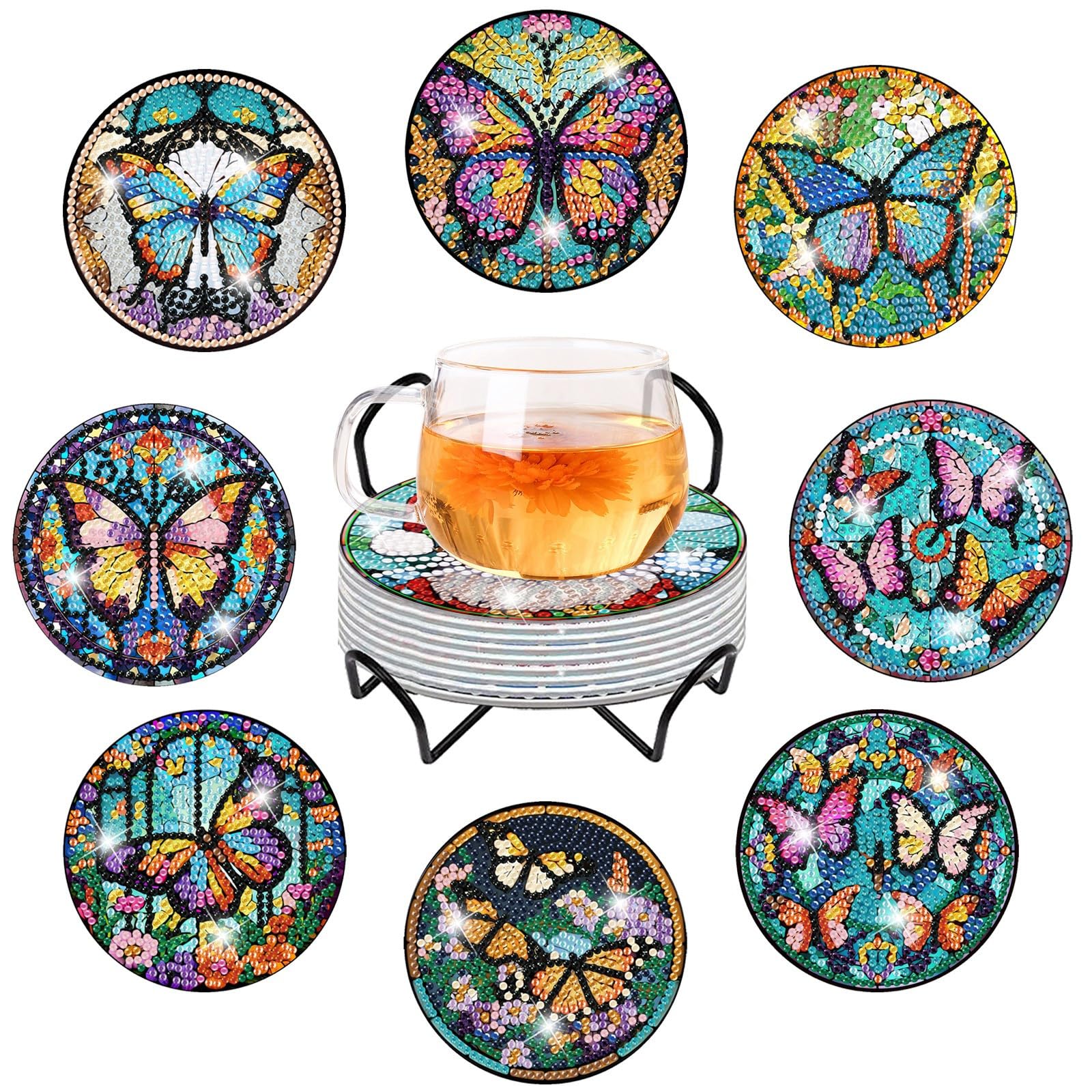8 sottobicchieri per diamond painting, fai da te a forma di farfalla con supporto, sottobicchieri decorativi in legno con kit per pittura a diamante per adulti, bambini, principianti