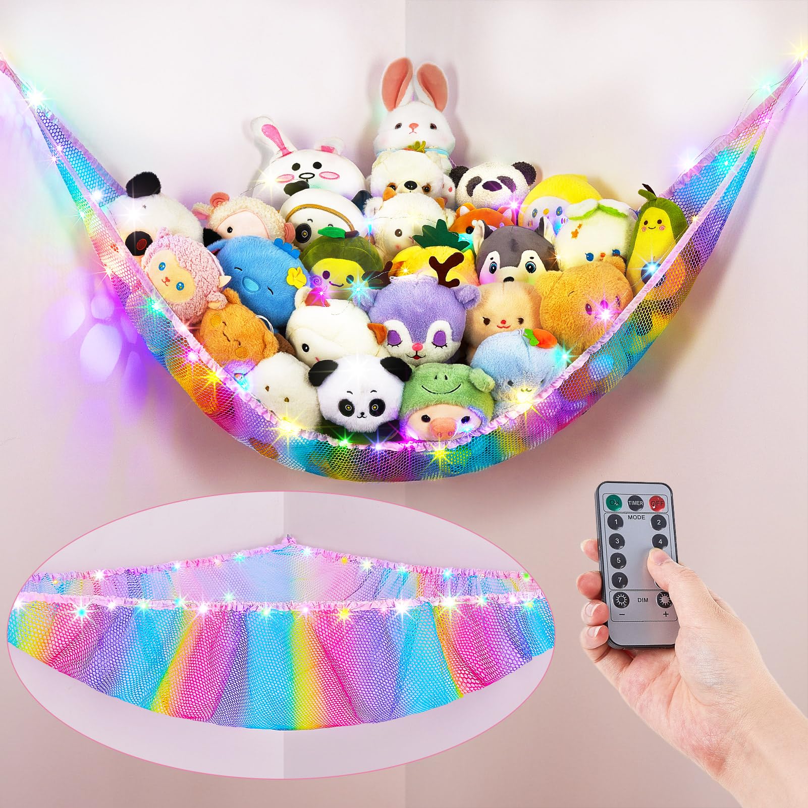 Unicorn Castle Stuffed Animals Hammock Kids Animal Storage with Light Plush Corner Hanging Net for Kids Bedroom Nursery